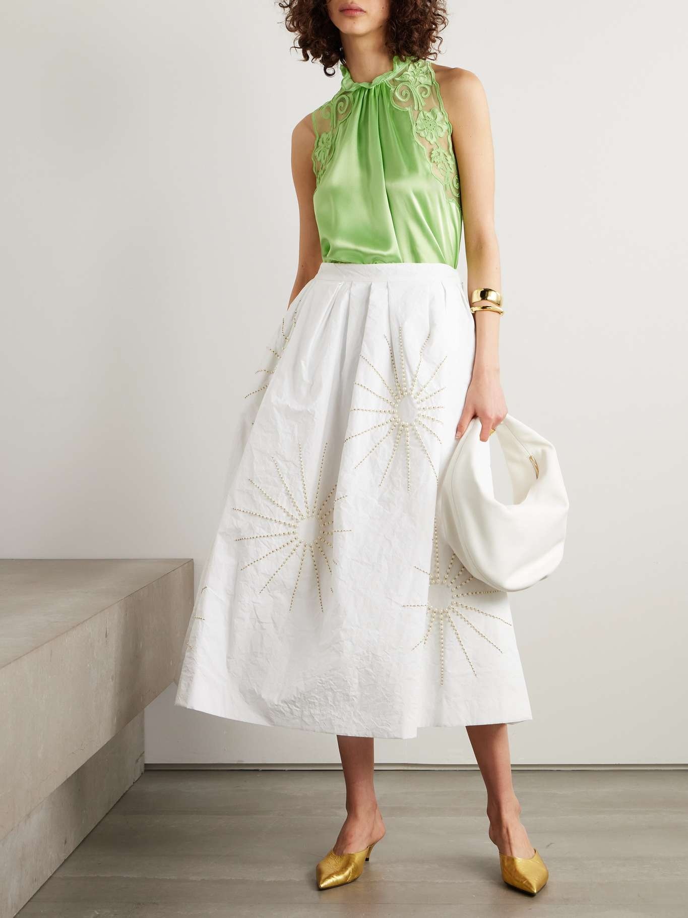 Embellished pleated taffeta midi skirt - 2