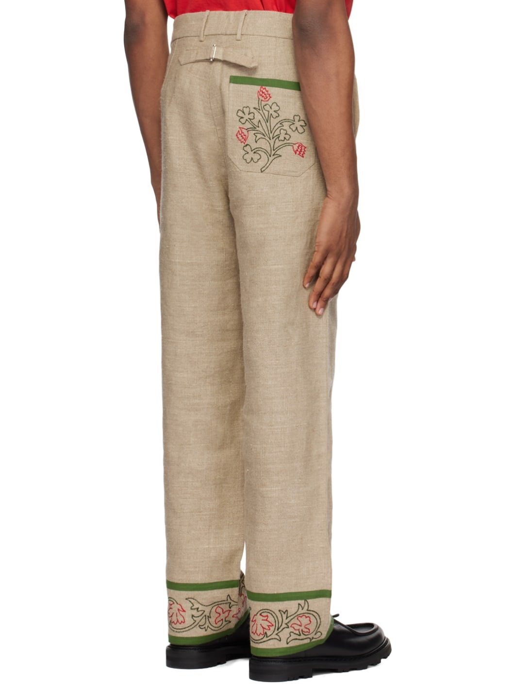 Beige Embroidered Trumpetflower Trousers - 3