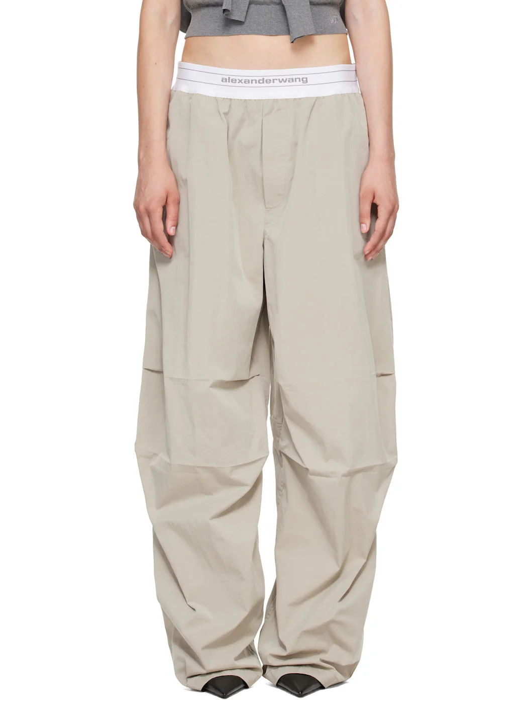Gray Mid-Rise Pleated Wide-Leg Lounge Pants - 1