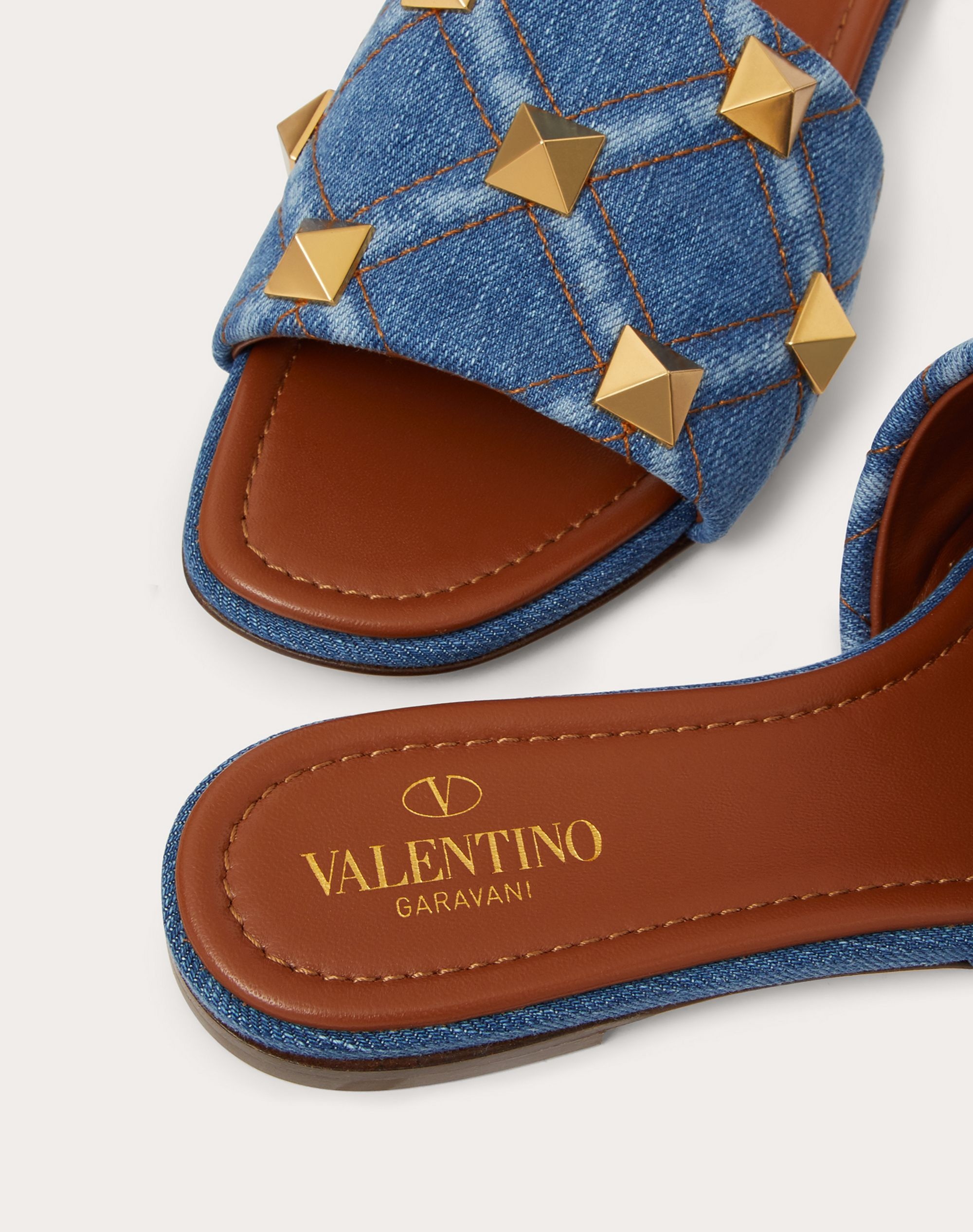 FLAT ROMAN STUD DENIM SLIDE SANDAL - 5