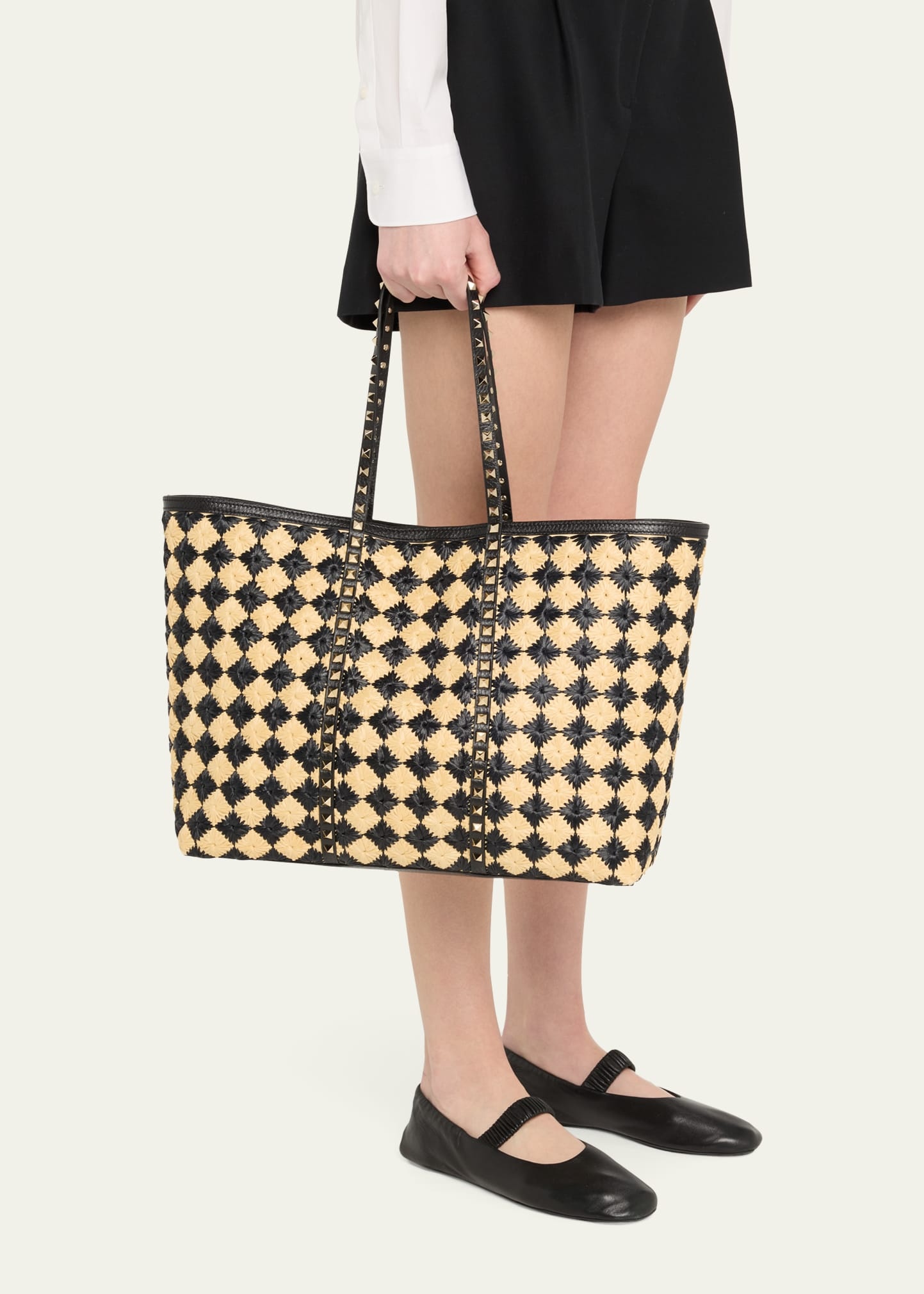 Rockstud Embroidered Raffia Shopping Tote Bag - 2