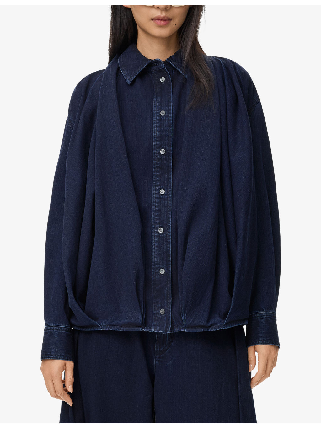Draped Denim-Look Cotton Shirt - 3