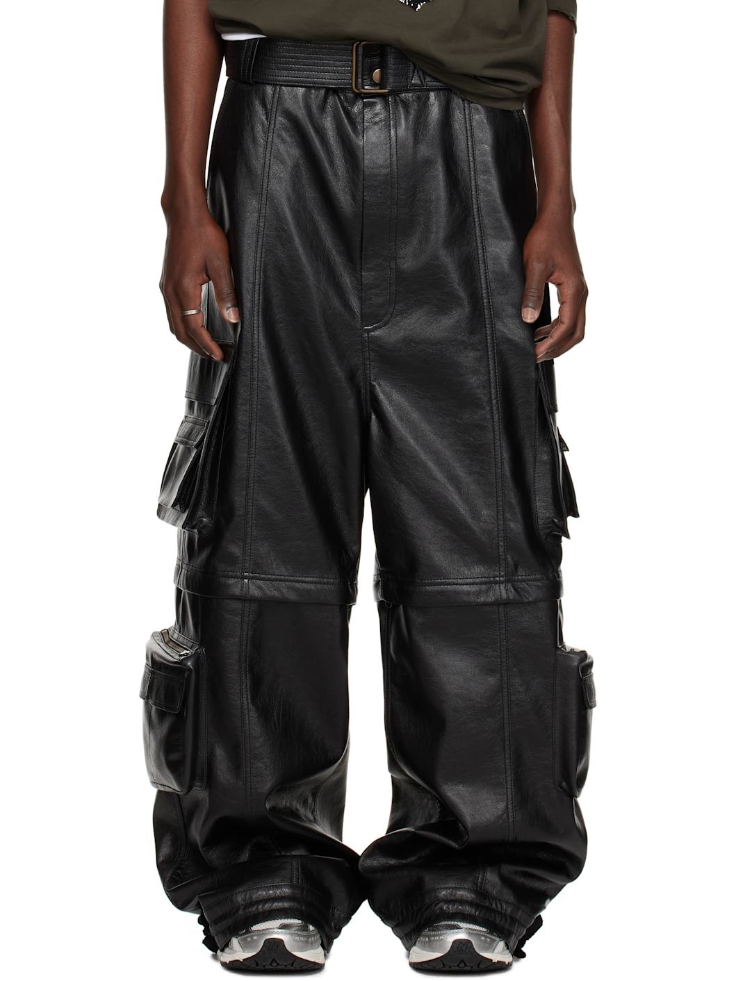 Black Belted Faux-Leather Cargo Pants - 1