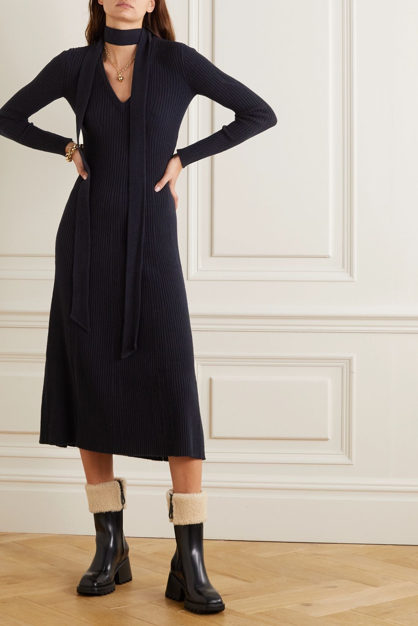 Tie-neck ribbed wool and silk-blend midi dress - 2