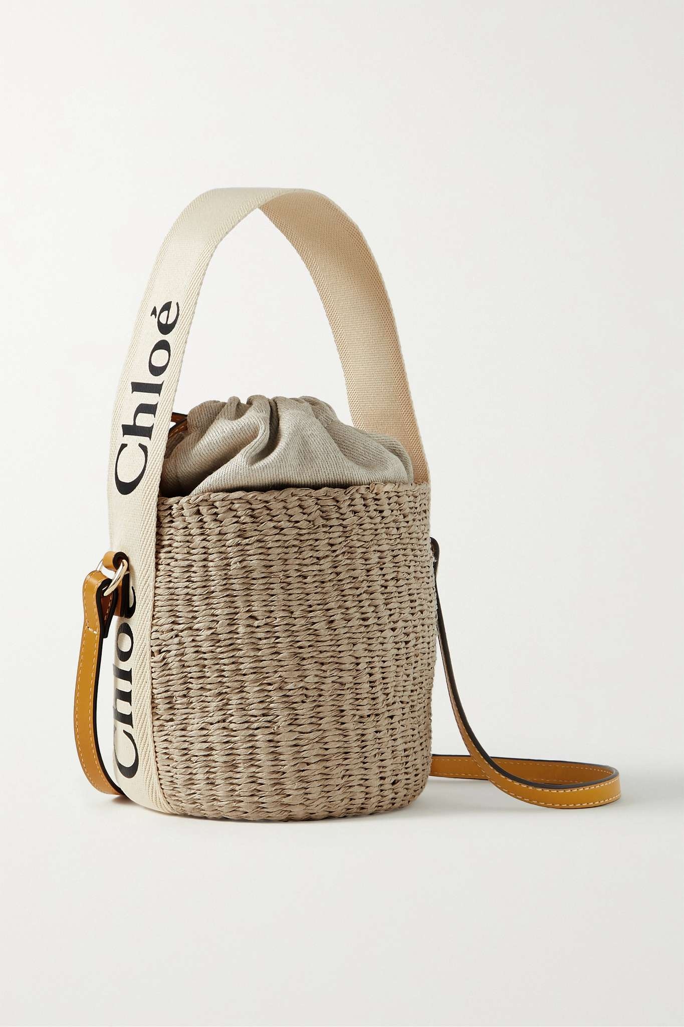 Woody small leather-trimmed raffia basket bag - 1