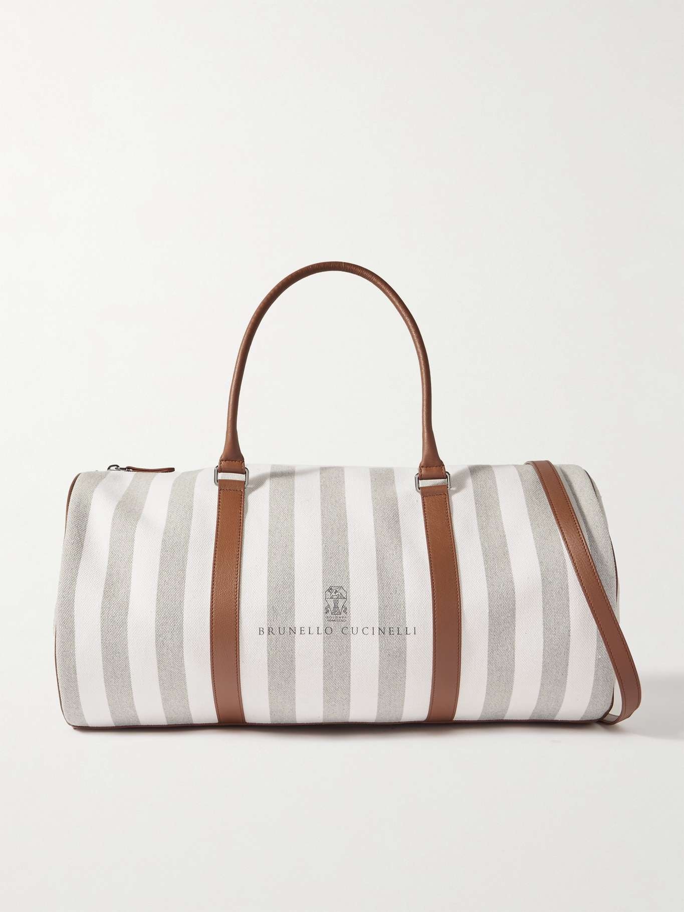 Leather-trimmed striped canvas duffel bag - 1