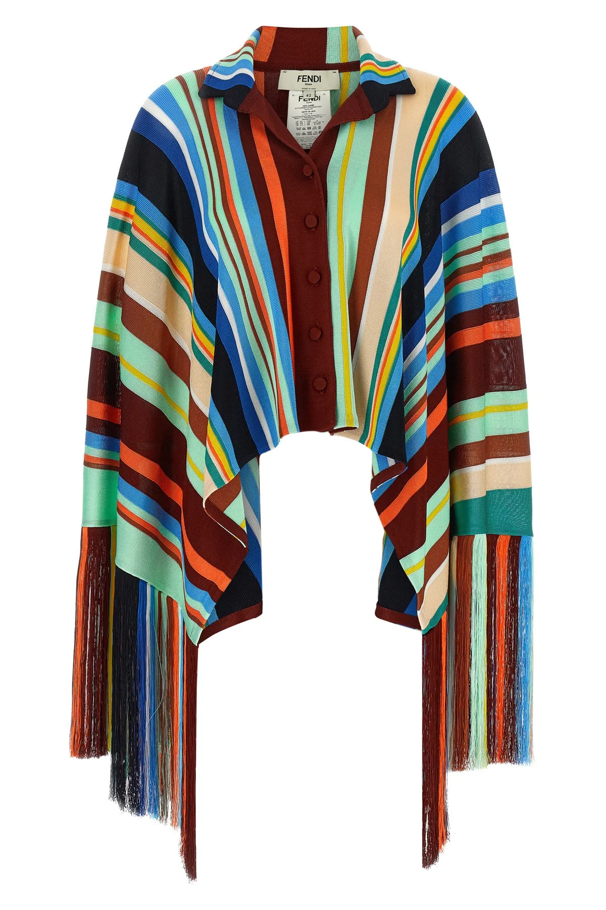 Striped Poncho With Fringes - 1
