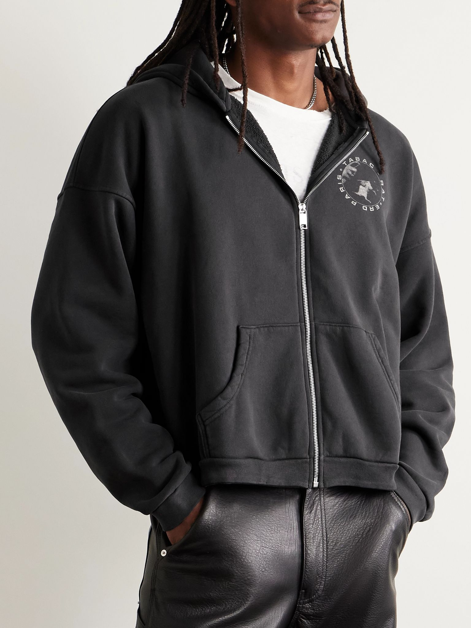 Tabac Rat Printed Cotton-Jersey Zip-Up Hoodie Black - 3