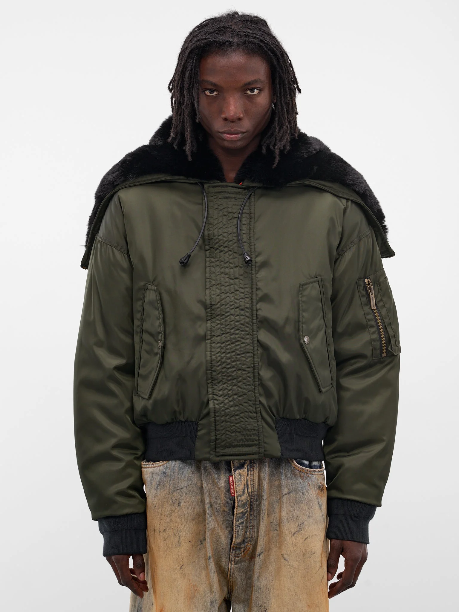 Green Hooded Nylon Bomber Jacket - 1