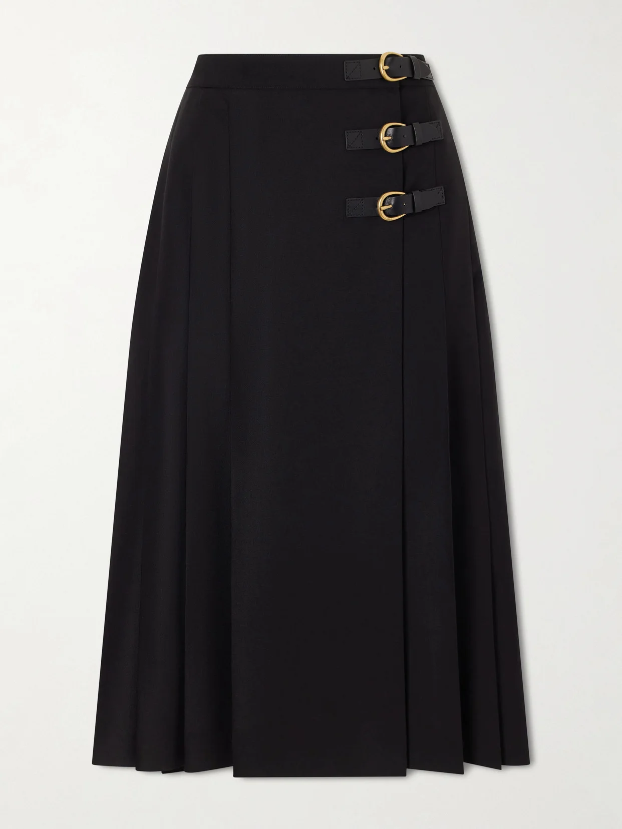 Pleated Leather-trimmed Grain De Poudre Wool Midi Skirt - 1