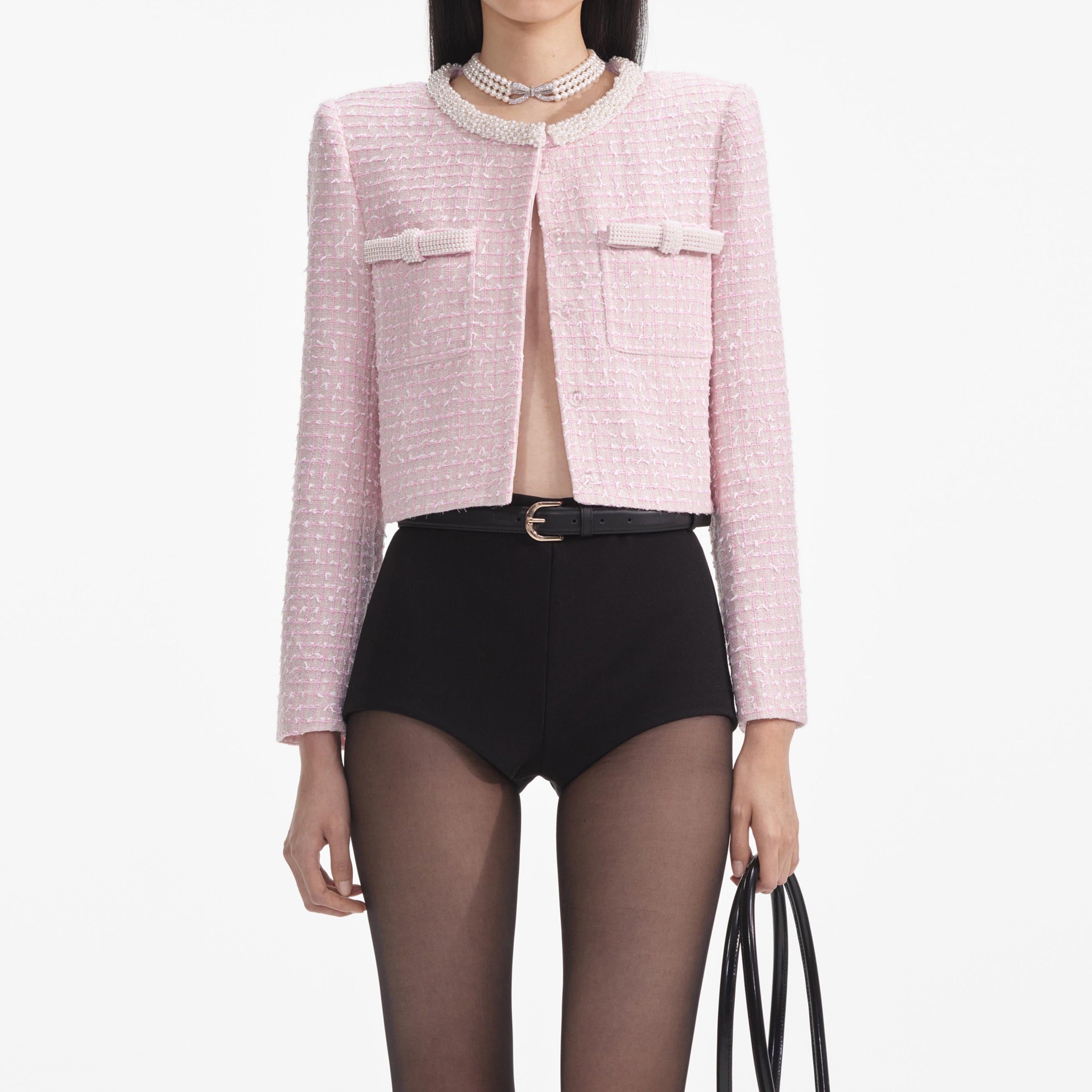 Pink Boucle Pearl Trim Jacket - 4