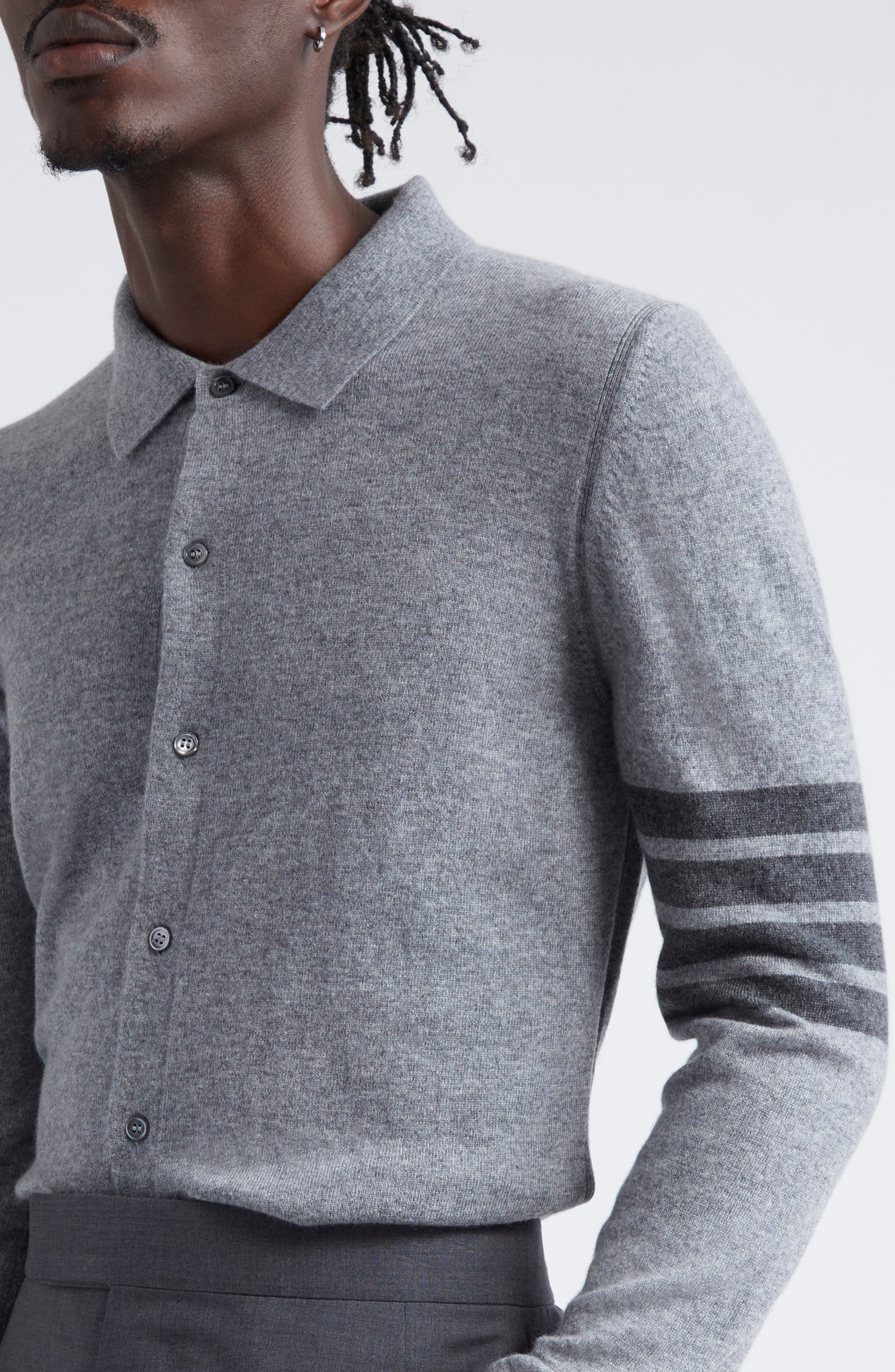 Thom Browne 4-Bar Cashmere Polo Cardigan in Light Grey at Nordstrom - 4
