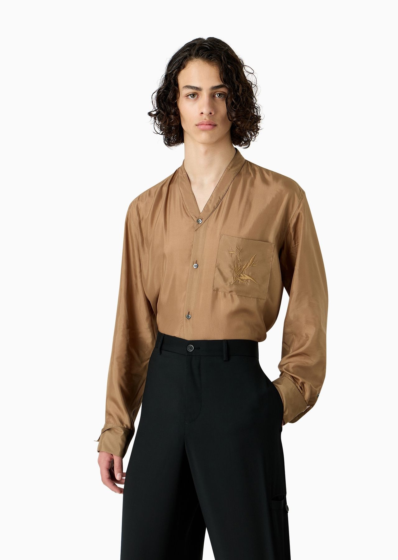 V-neck shirt with pocket and ramage embroidery in solid-colour pure silk - 2