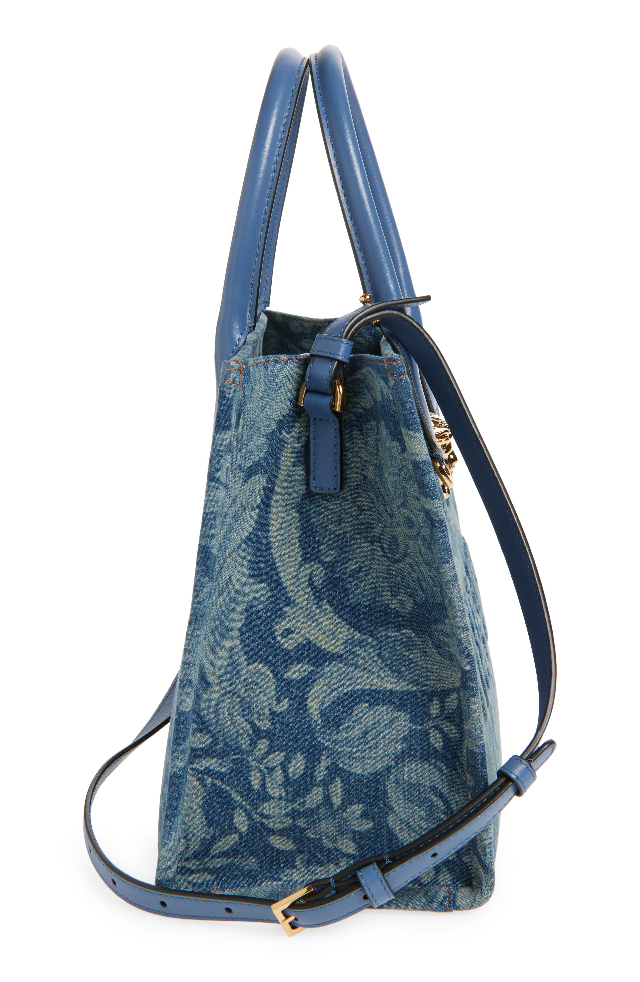Versace Small La Medusa Barroco Denim Tote in Denim Blue Gold at Nordstrom - 6