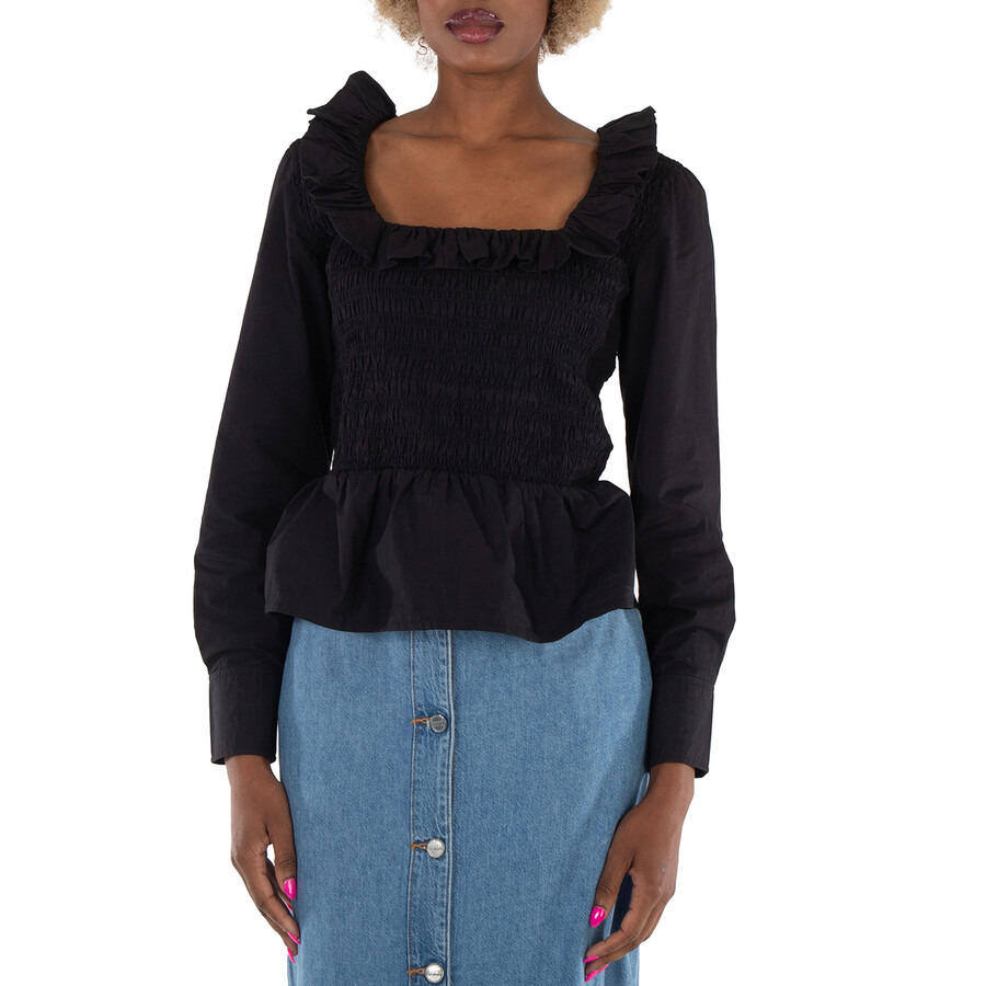 Ganni Black Cotton Poplin Ruffled Smock Blouse - 1