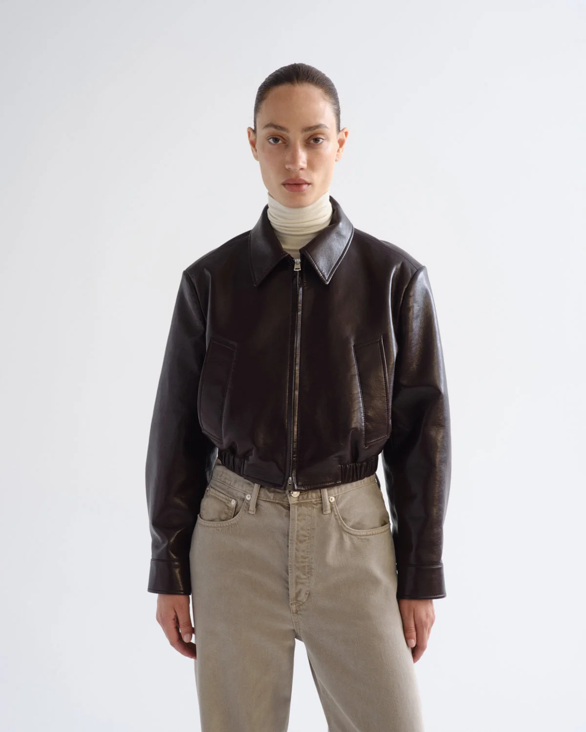 NAHLA CROPPED JACKET (RECYCLED LEATHER) IN MADERA - 1