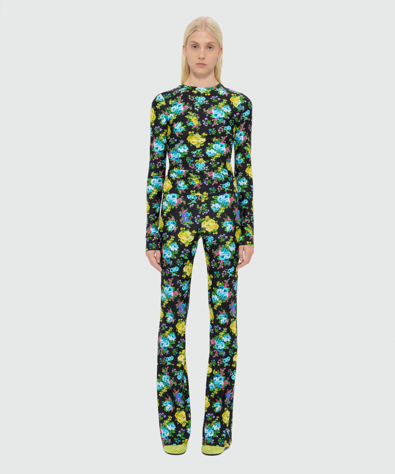 MSGM Black flared lycra leggings with floral print outlook