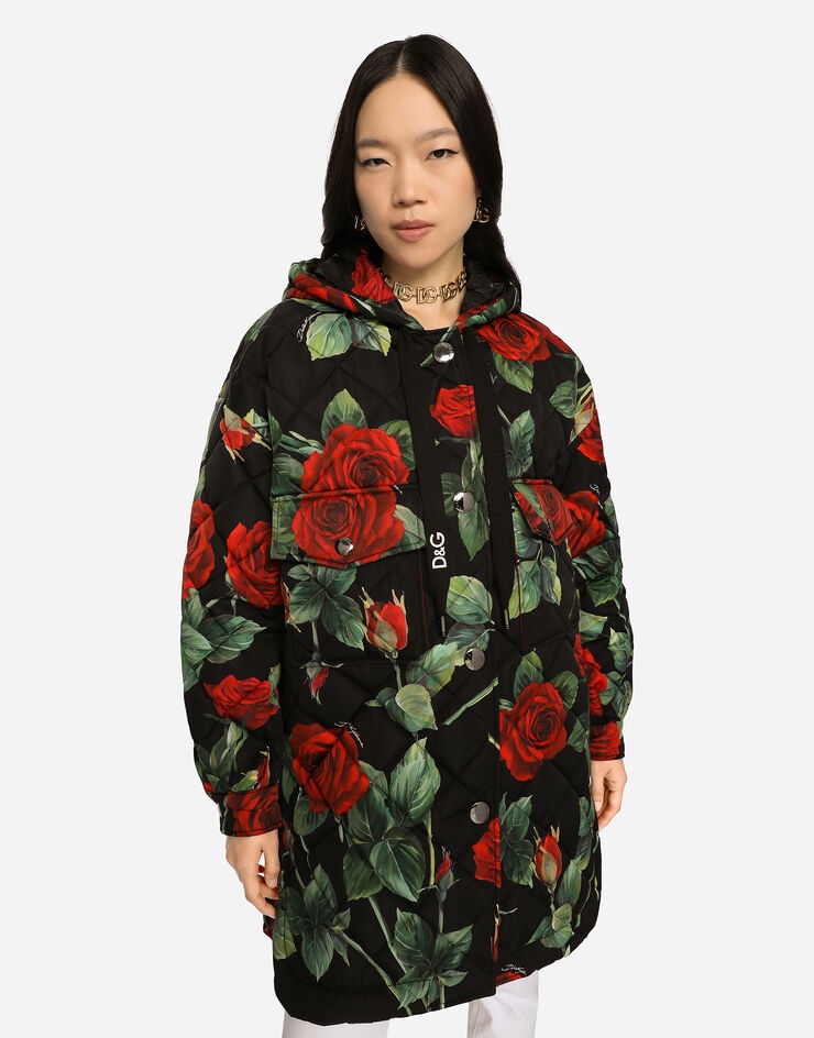 Quilted cordura jacket with rose print and hood - 4