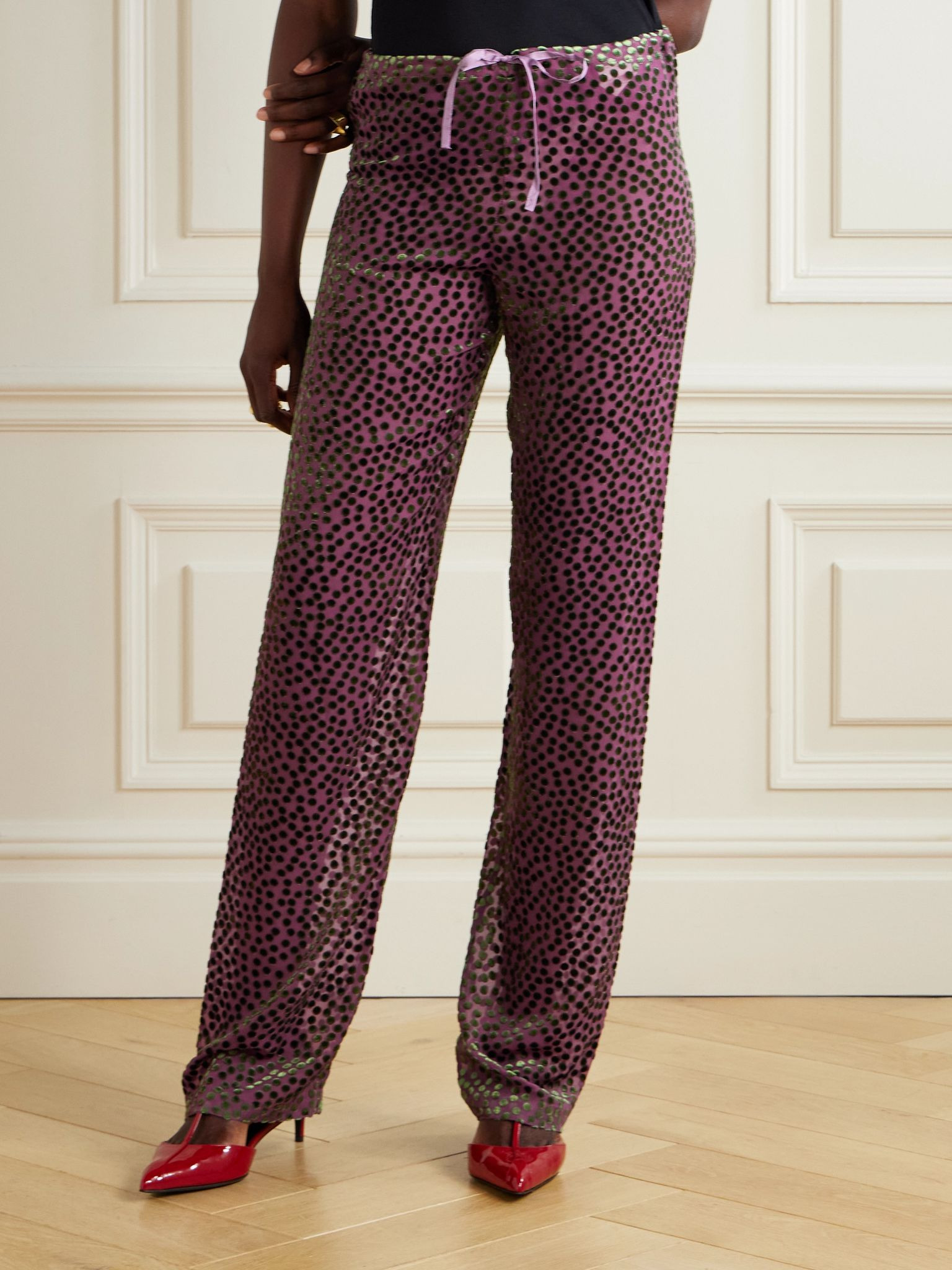 Polka-dot devoré-velvet straight-leg pants Pink - 3