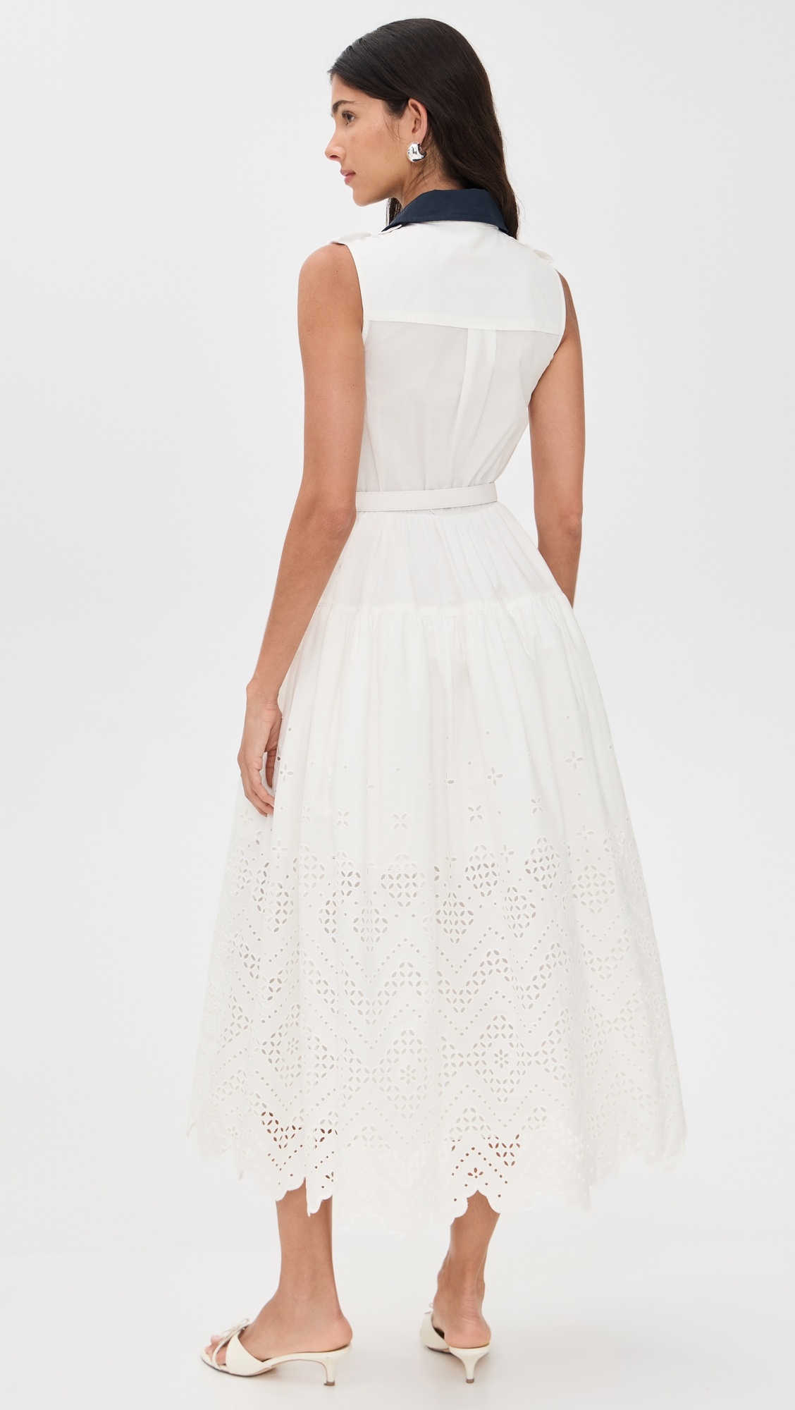 White Contrast Collar Broderie Midi Dress - 2