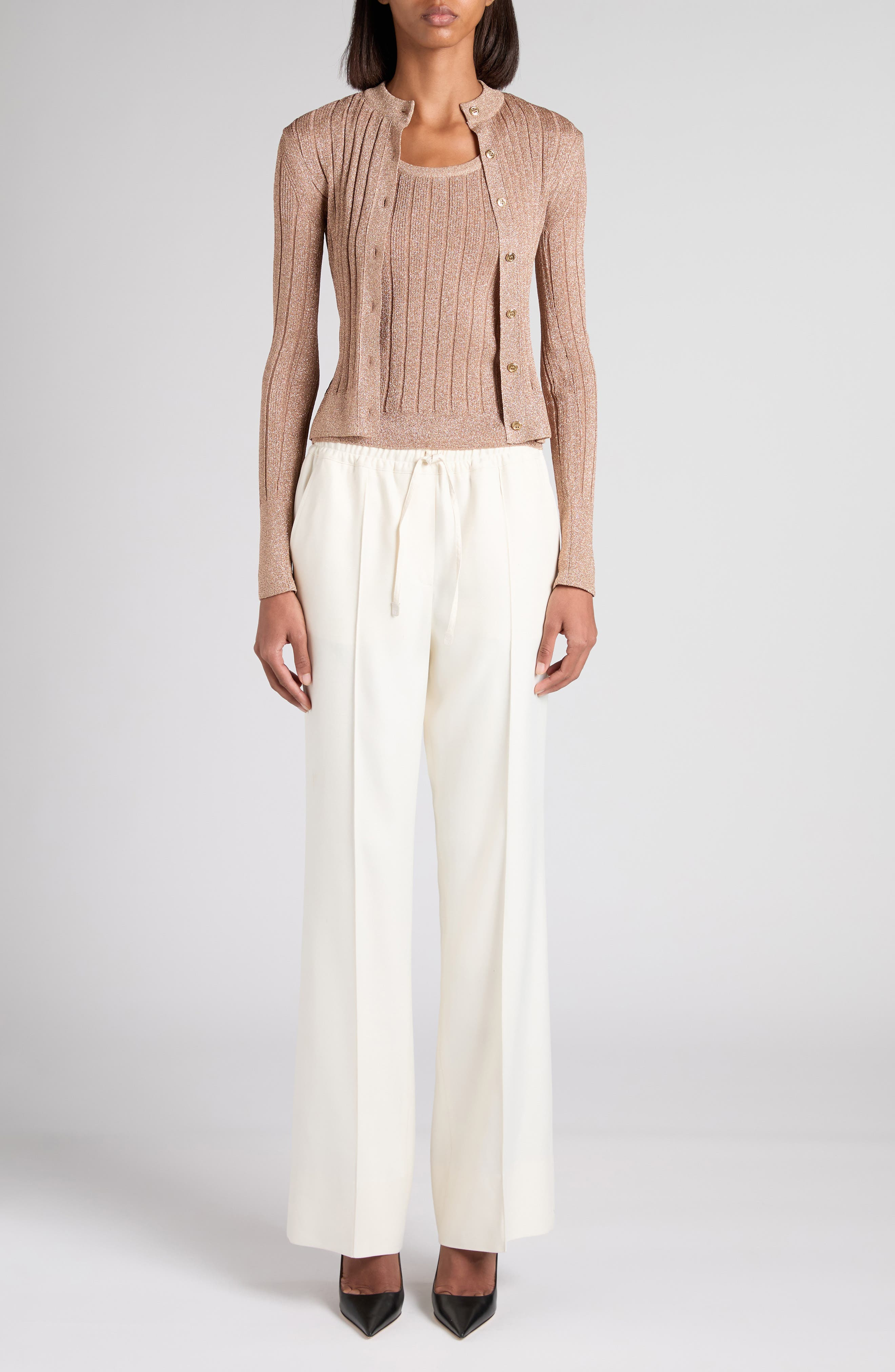 TOM FORD Metallic Rib Cardigan in Jb212 Beige Pink at Nordstrom - 2