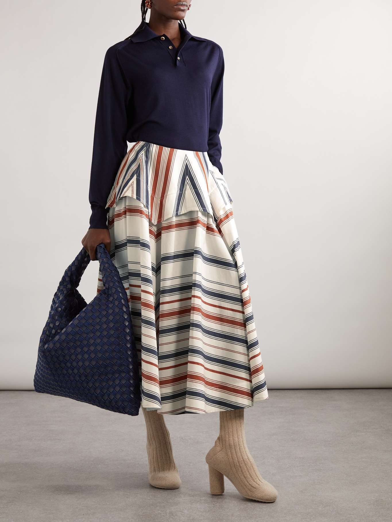 Bottega Veneta Striped cotton and linen-blend midi skirt