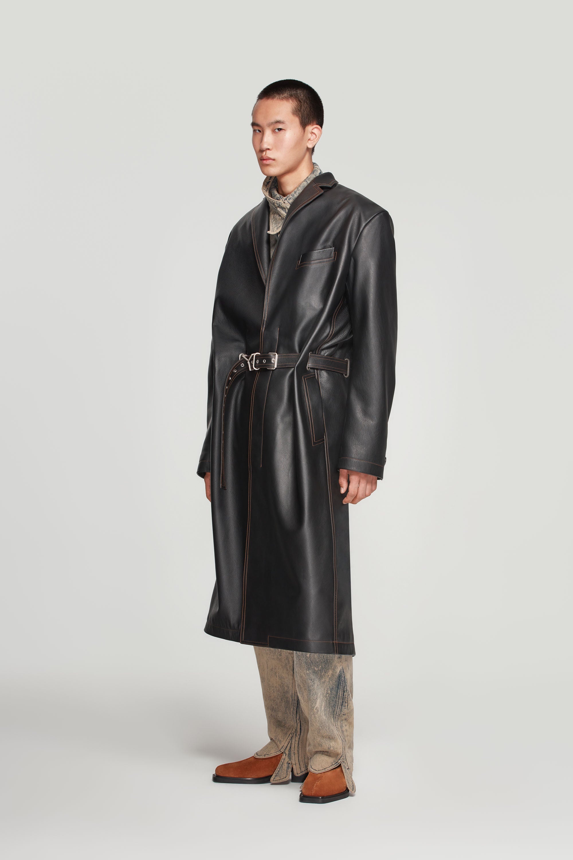 Y Belt Leather Coat - 5