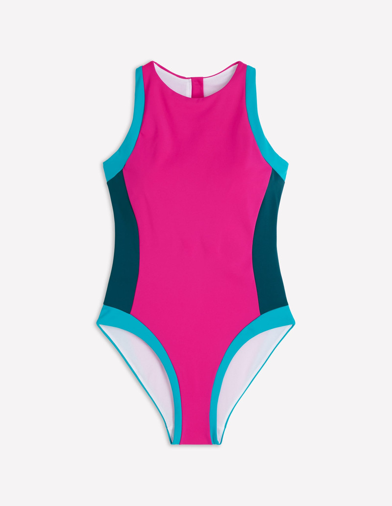 Sporty Rash Guard Swimsuit-Pink, Colourblock - 1