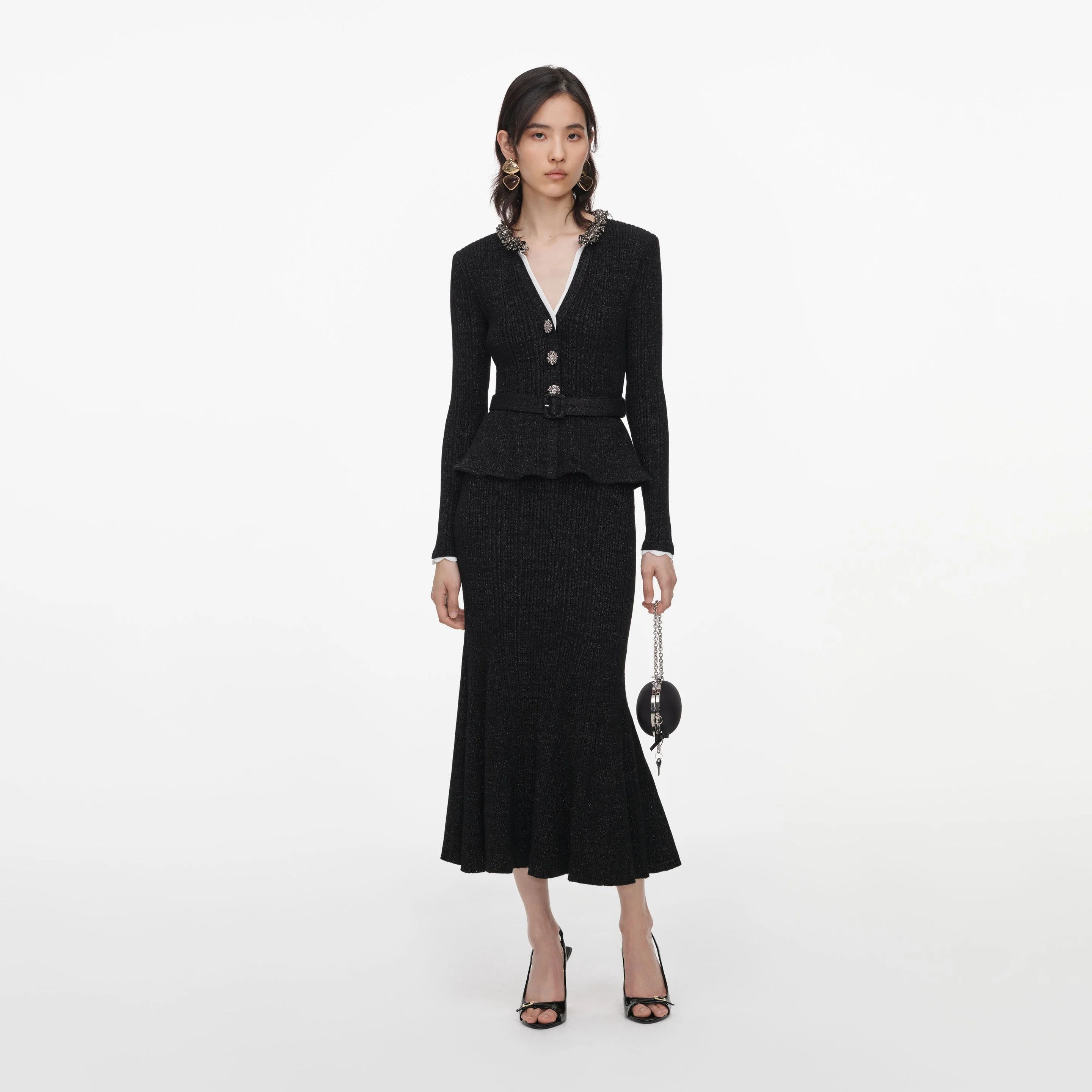 Black Lurex Rib Knit Midi Dress - 1