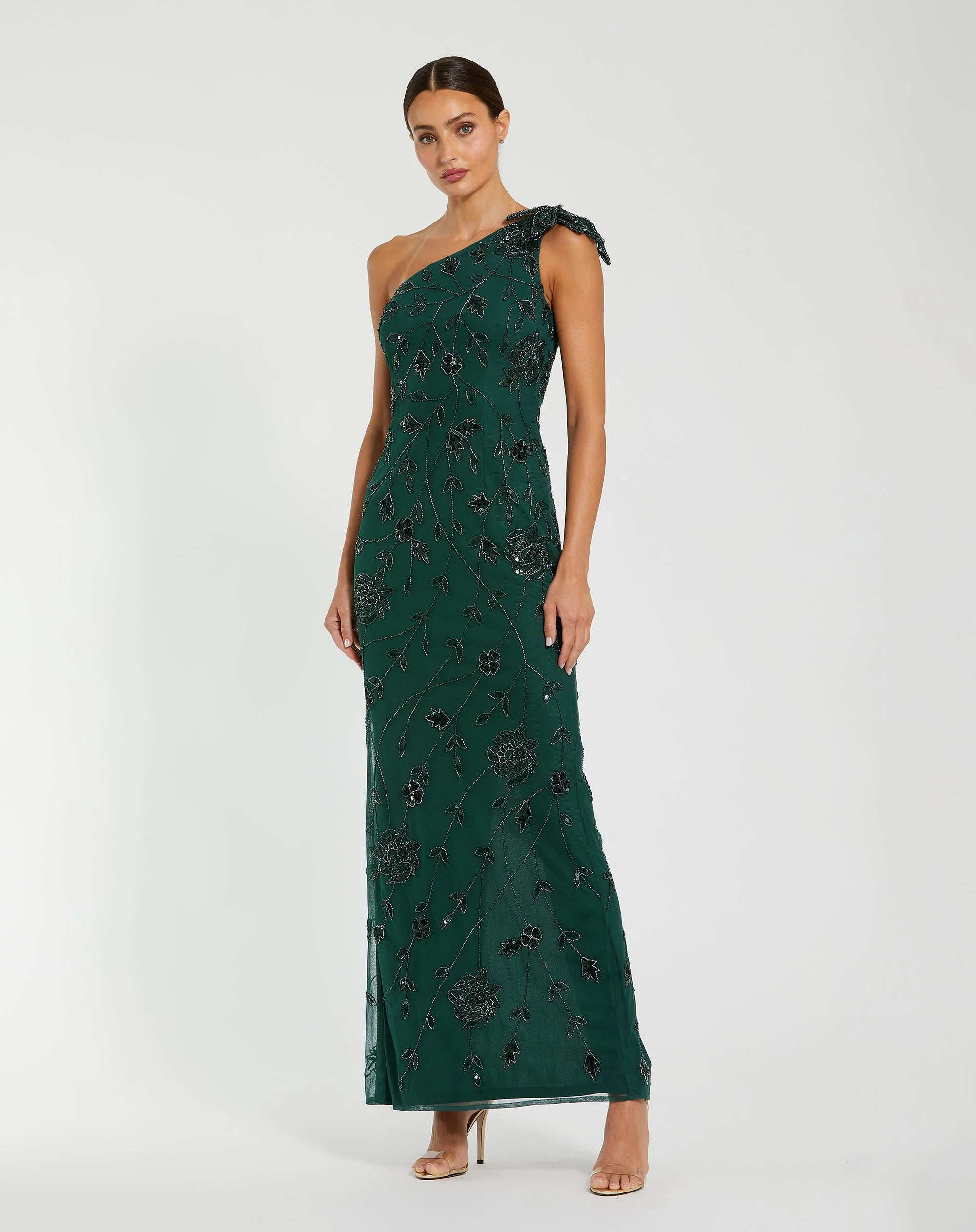 Deep Green Floral Beaded One Shoulder Gown - 1