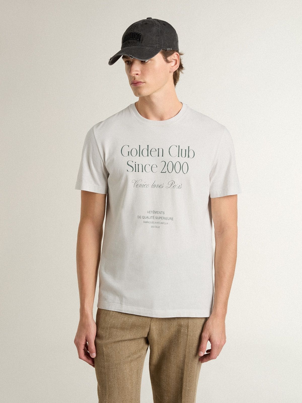 Men's white cotton T-shirt with green print - 2