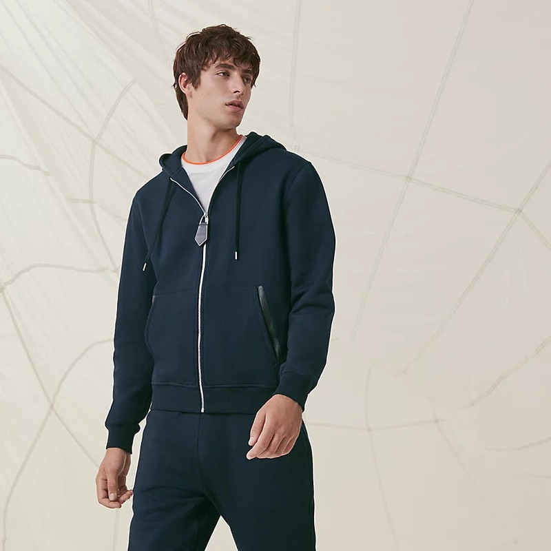 Jogging zipped hooded sweater with leather detail 1