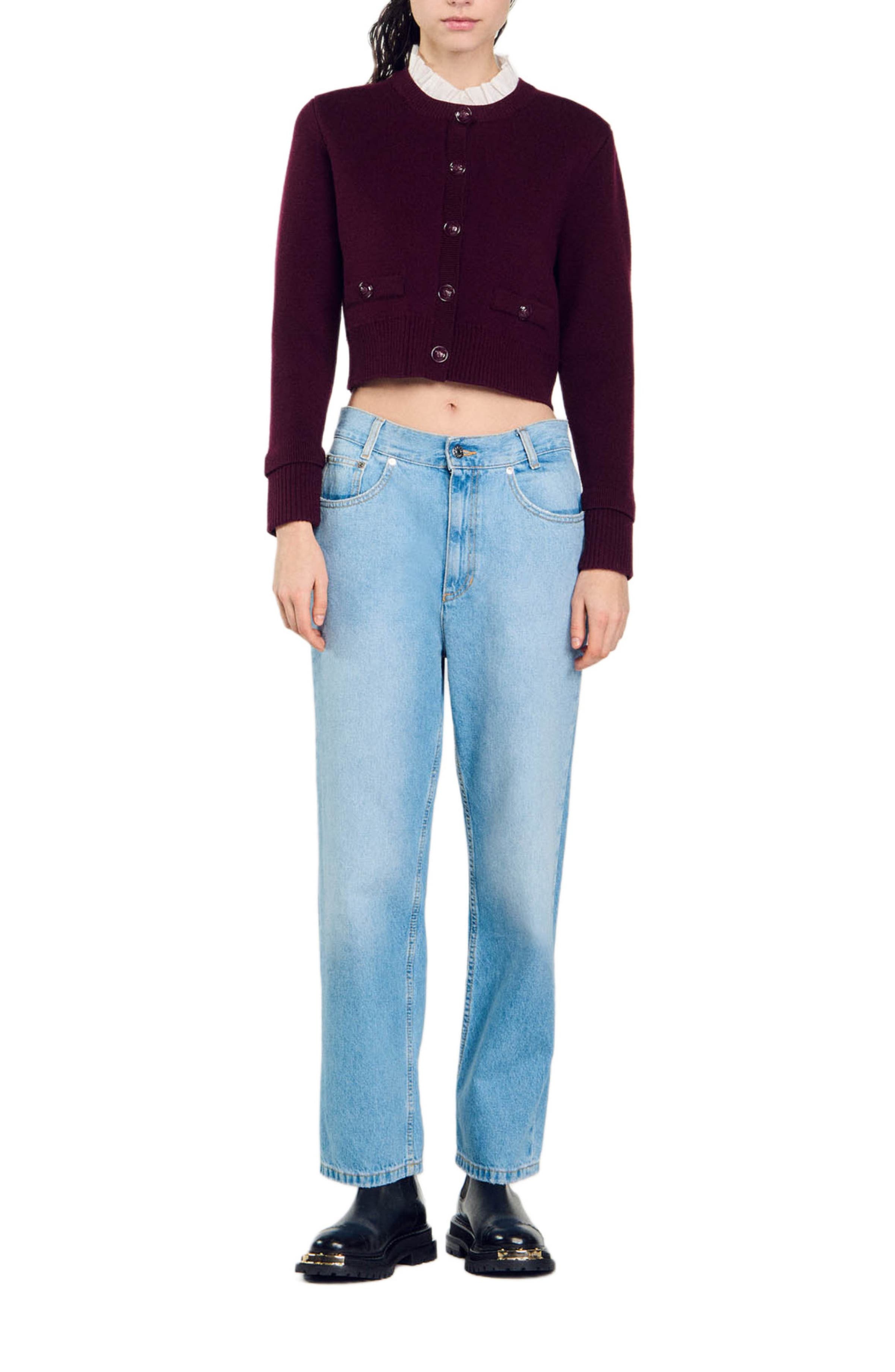 SANDRO Knit cardigan with ruffled collar in Bordeaux at Nordstrom - 4