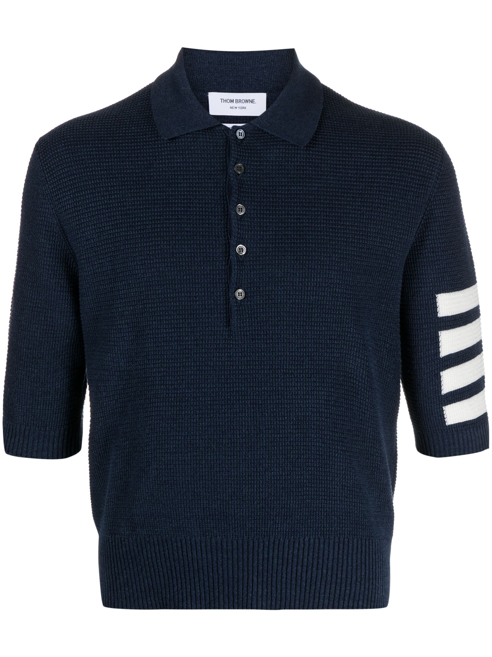 THOM BROWNE Men Textured Stitch Relaxed Fit SS Polo In Linen Cotton Blend W/4 Bar Stripes Intarsia - 1