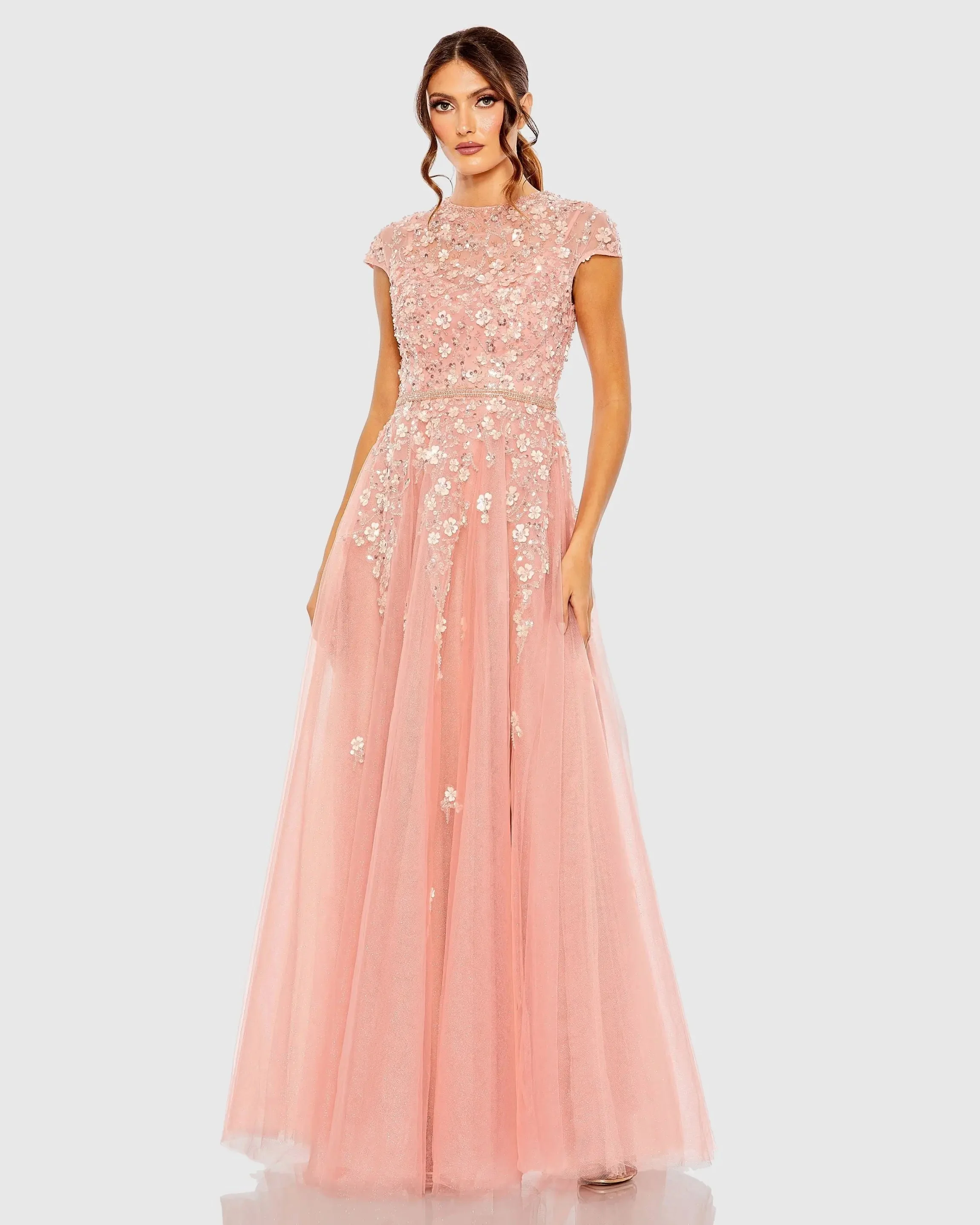 Pink High Neck Cap Sleeve Embellished A Line Gown - 1
