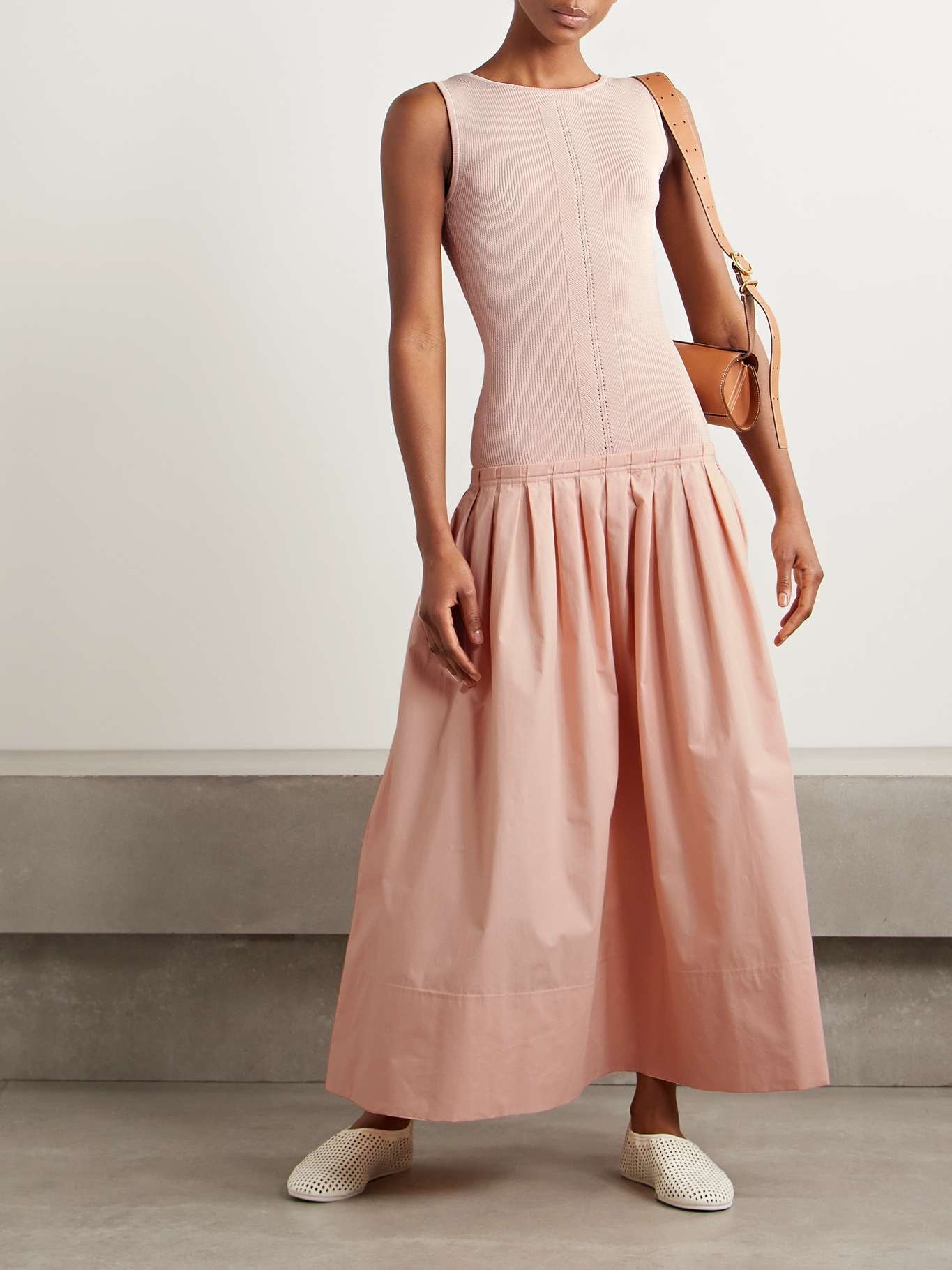 Gene pointelle-knit silk and cotton-blend and pleated cotton-poplin midi dress Blush - 2