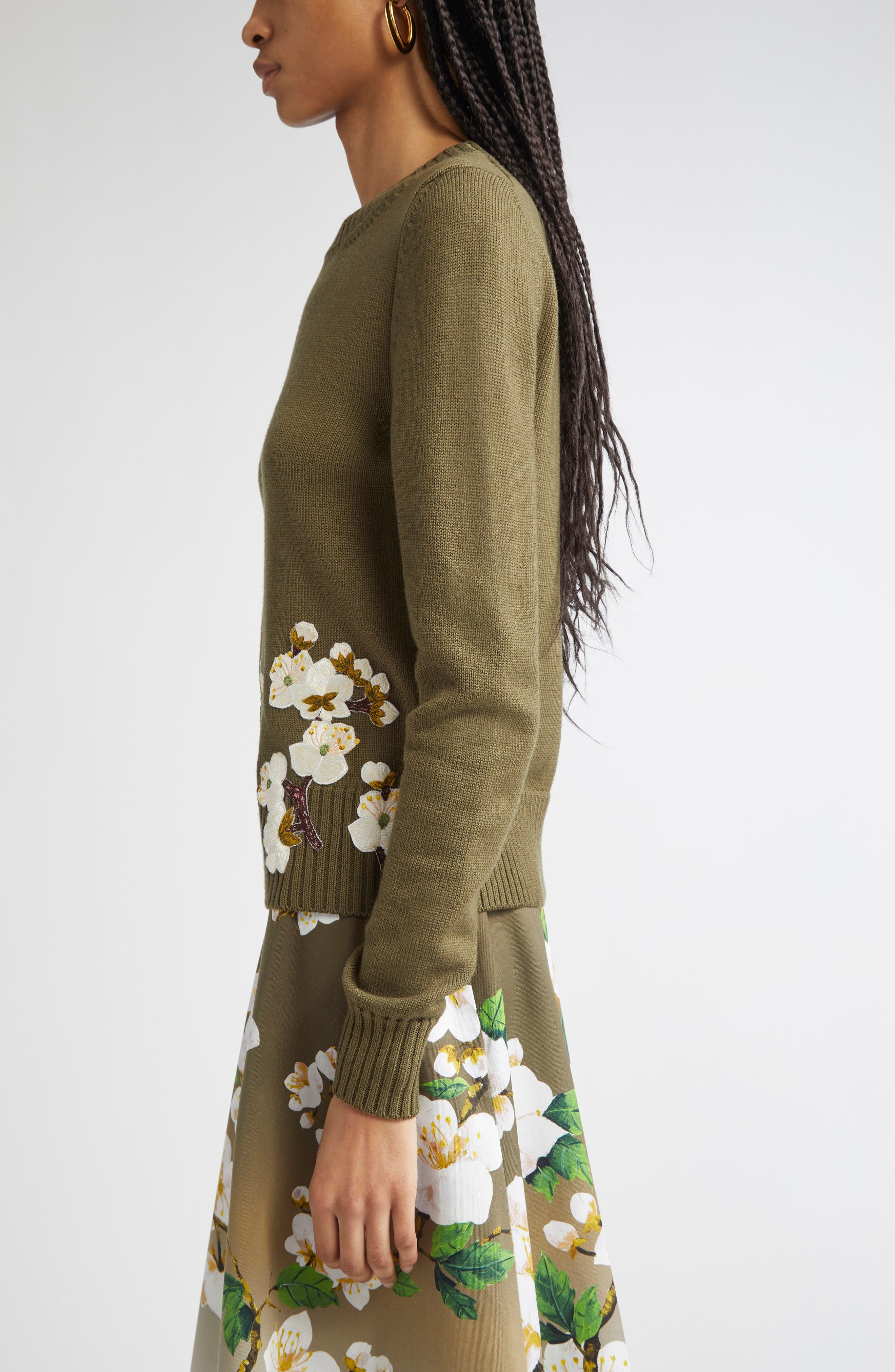 Oscar de la Renta Cherry Blossom Embroidered Virgin Wool Sweater in Khaki at Nordstrom - 3