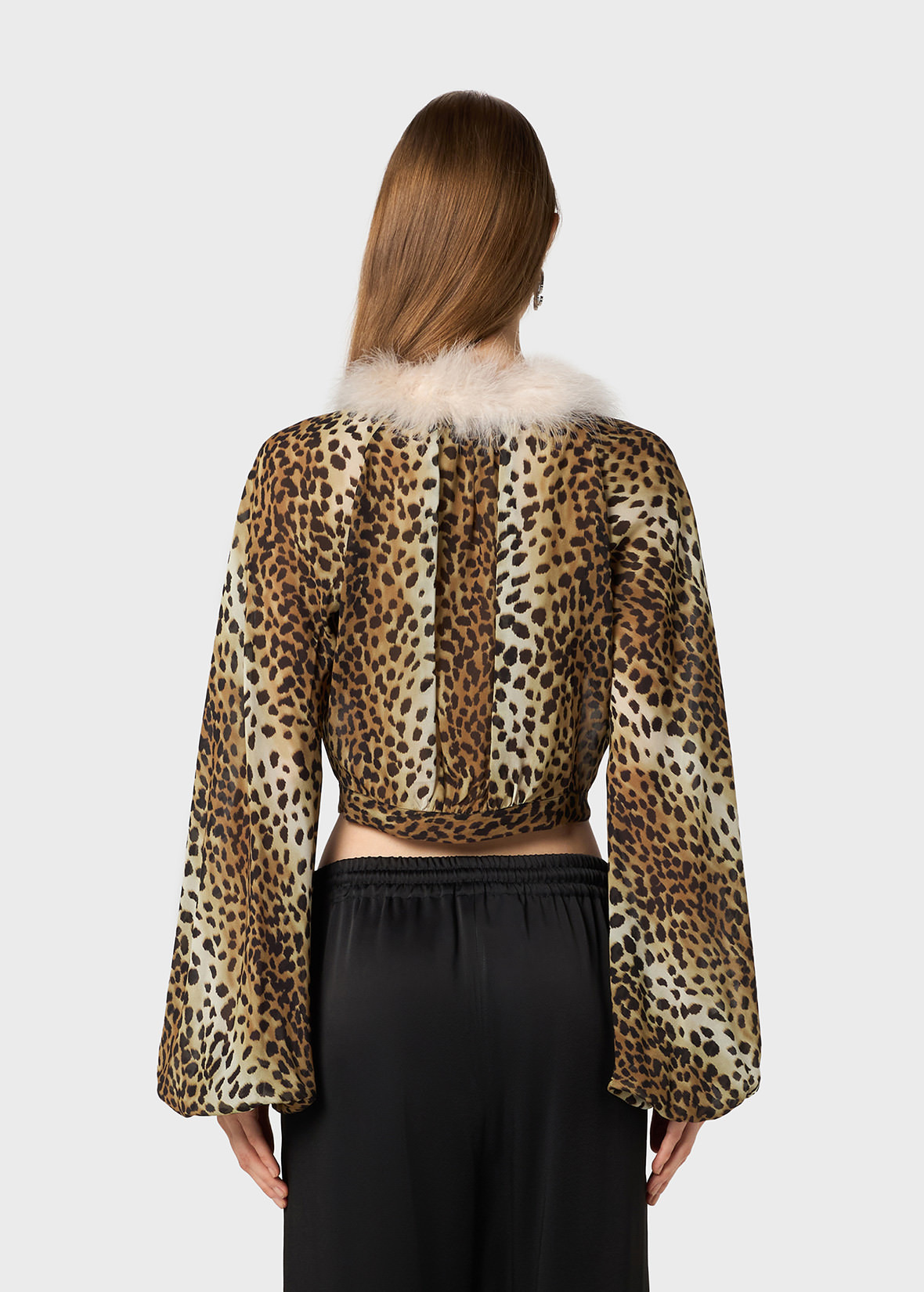 PRINTED GEORGETTE SHIRT WITH FEATHER-TRIMMED NECKLINE - 4