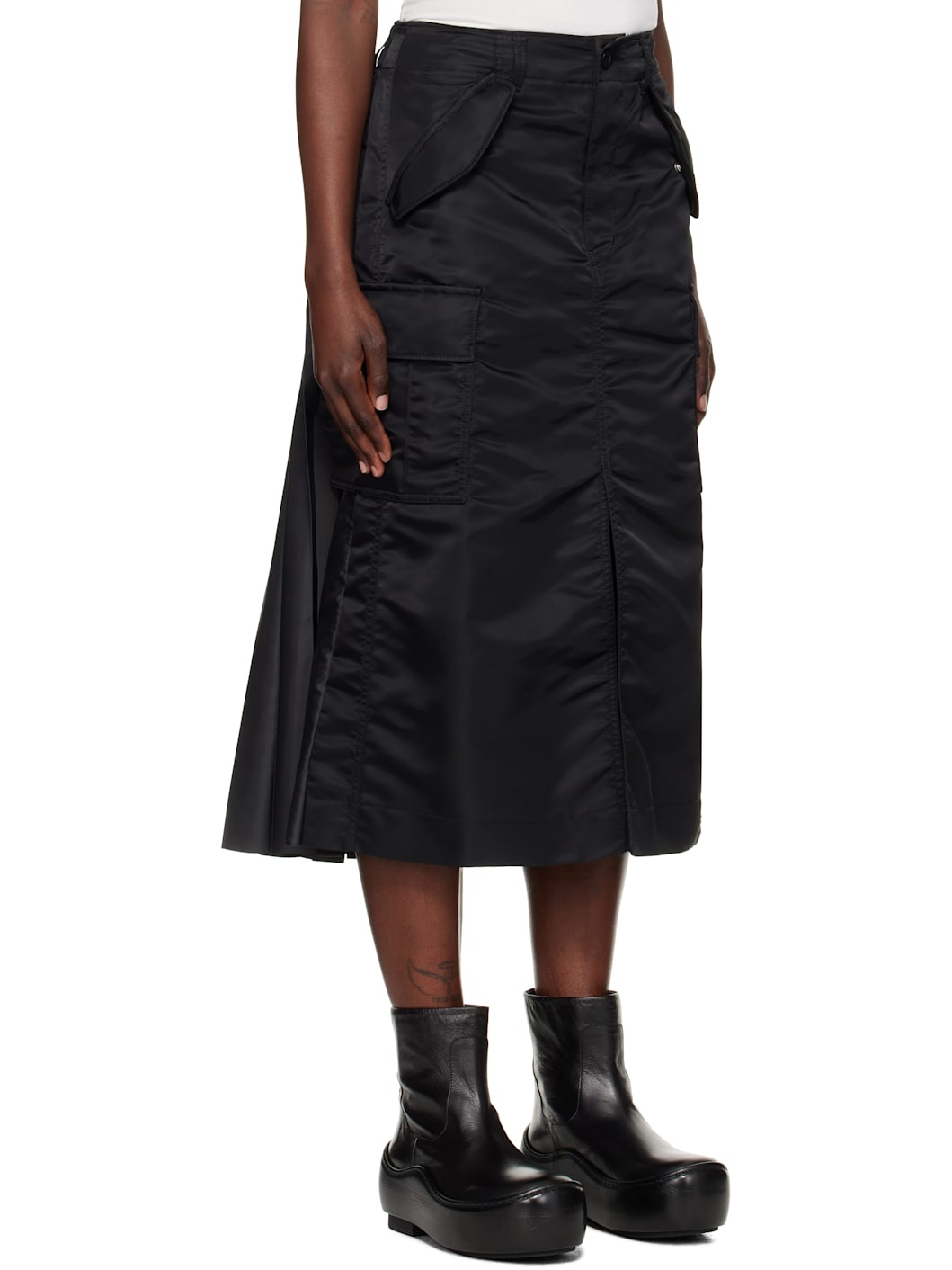 Black Nylon Twill Midi Skirt - 2