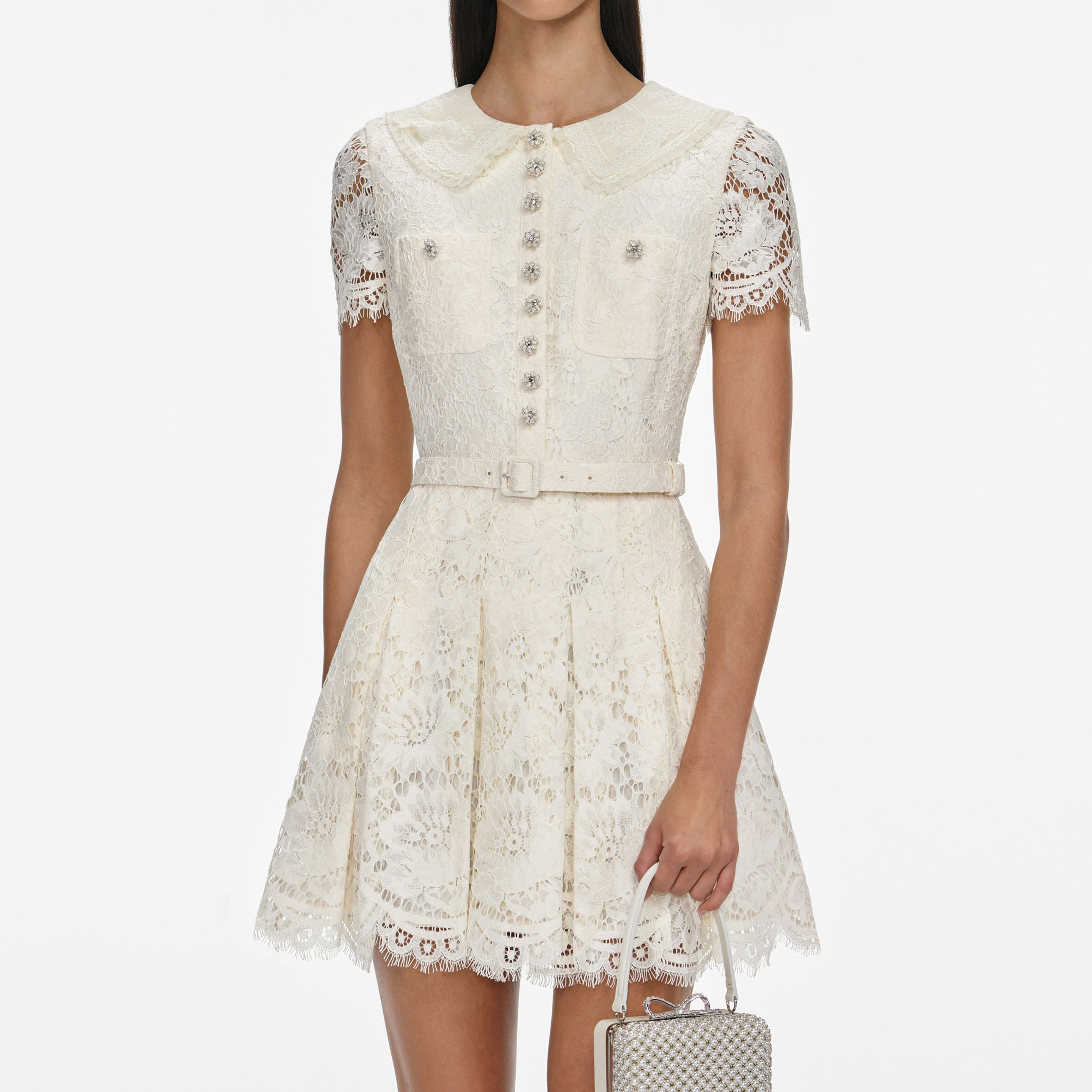 Cream Floral Lace Mini Dress - 4