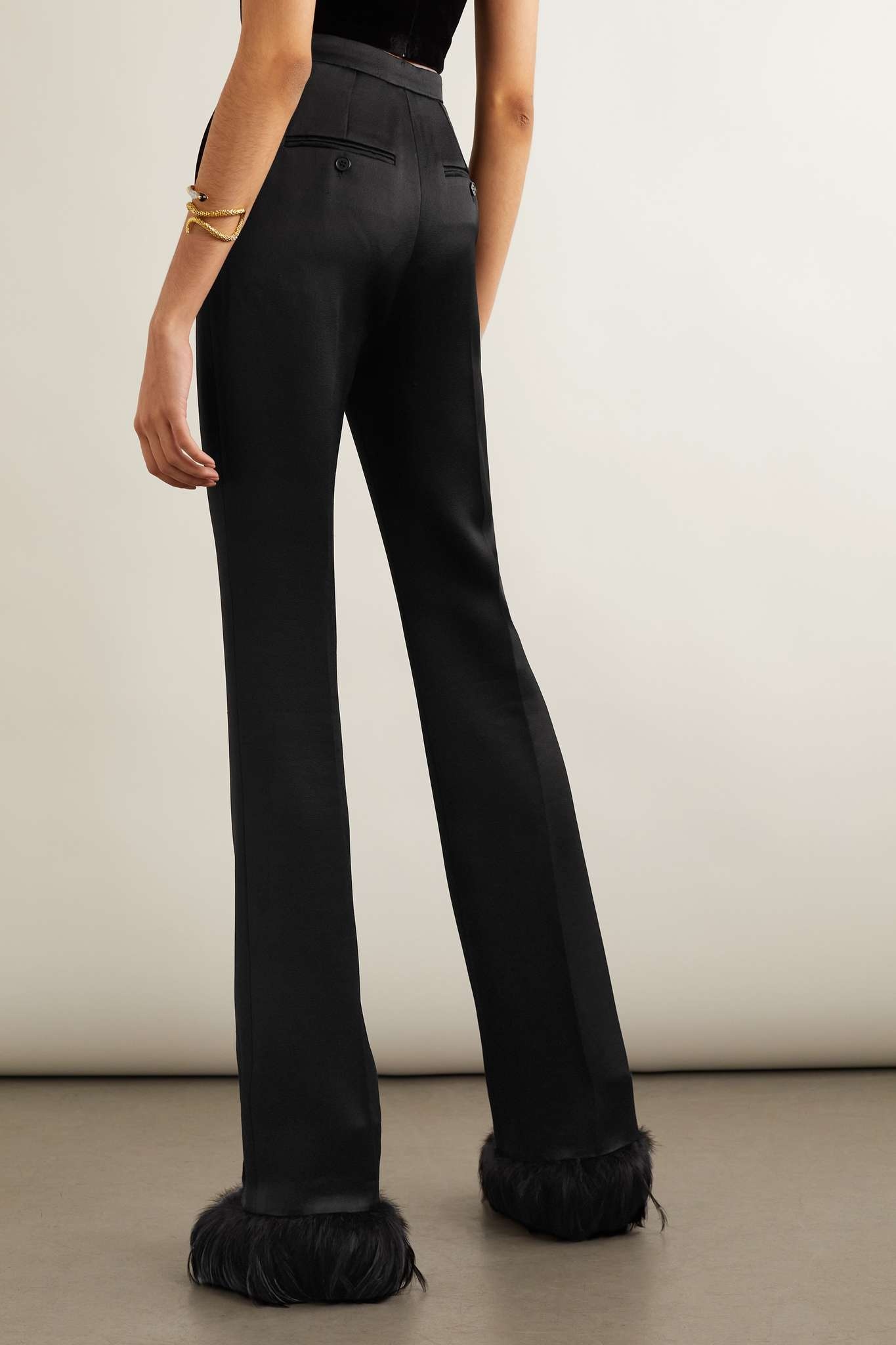 SAINT LAURENT Feather-trimmed satin-crepe straight-leg pants