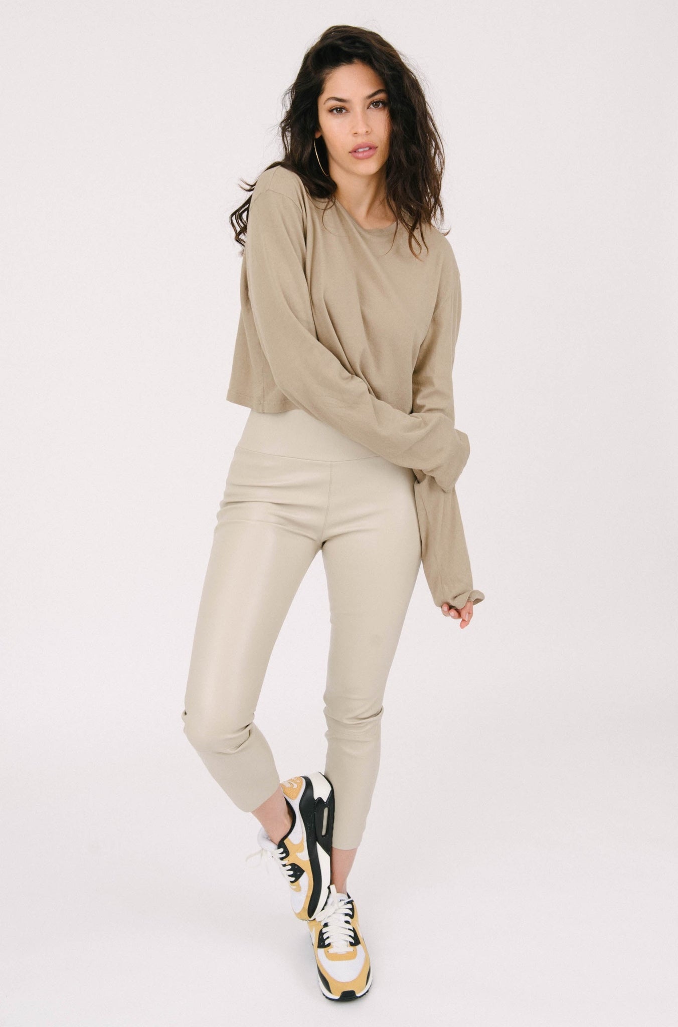 KHAKI COTTON CROPPED LONG SLEEVE TEE - 3