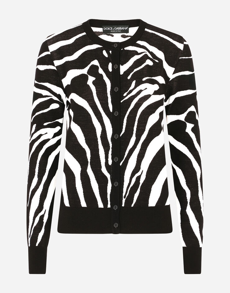 Zebra-design jacquard cardigan in wool and silk - 1