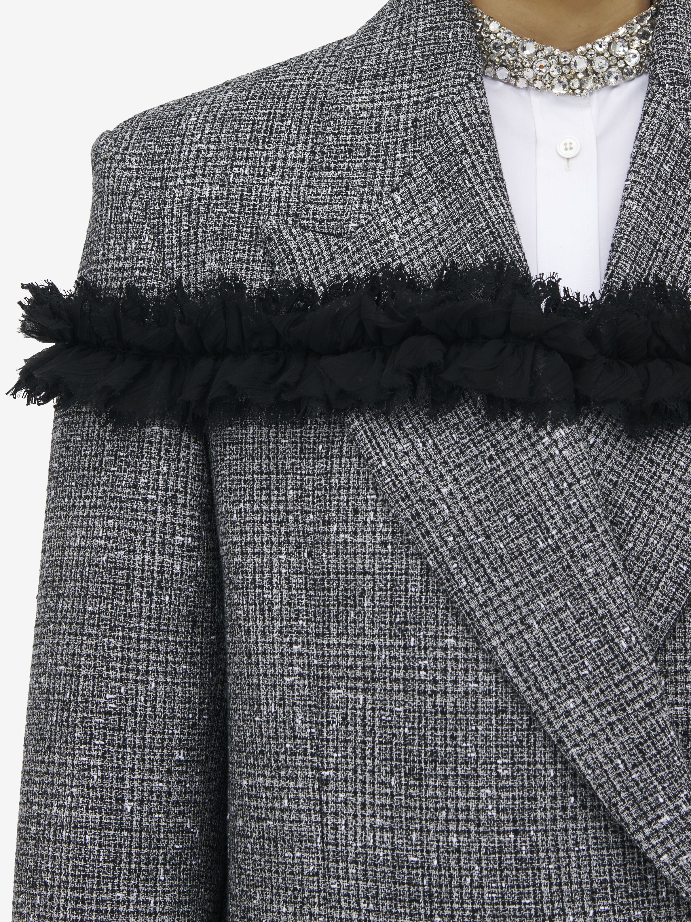 Slashed Creponne Detail Tweed Check Coat - 5