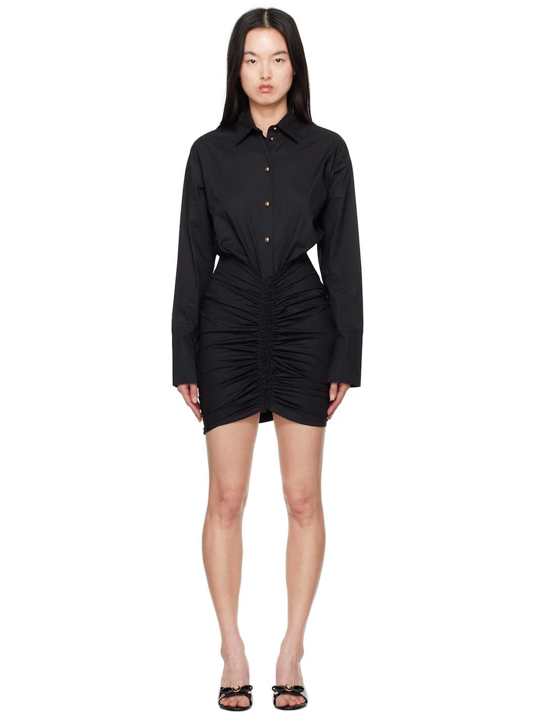 Black Ruched Shirt Minidress - 1