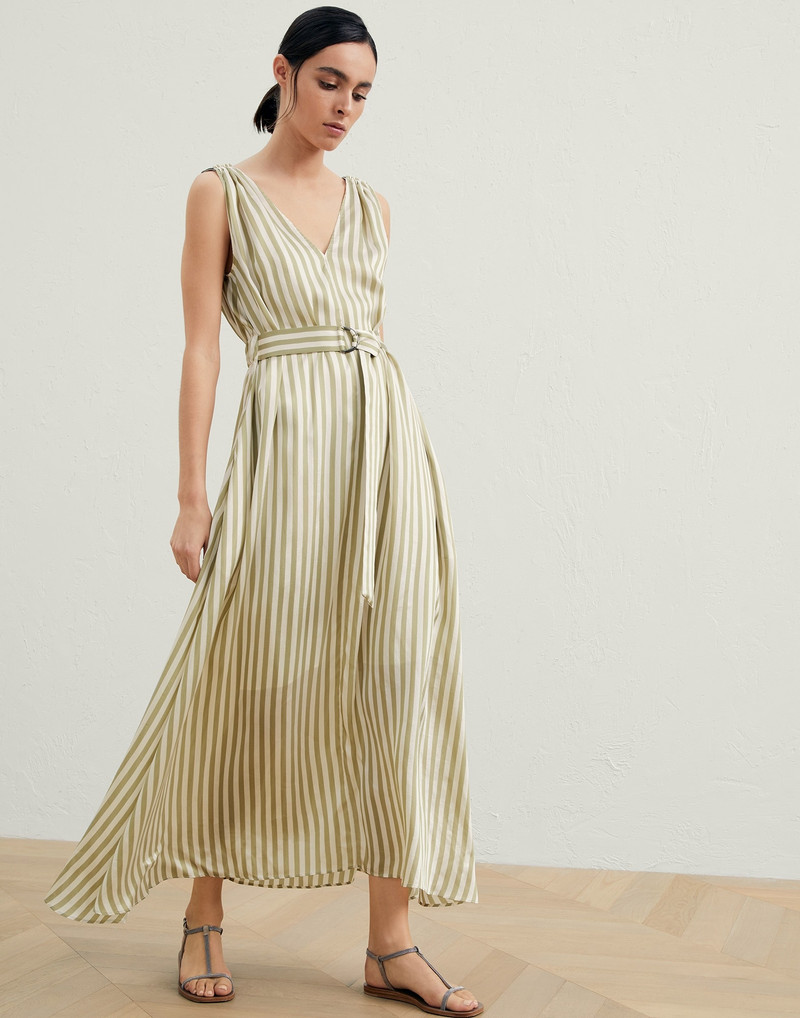 Viscose and silk striped twill belted dress with precious shoulder detail 1