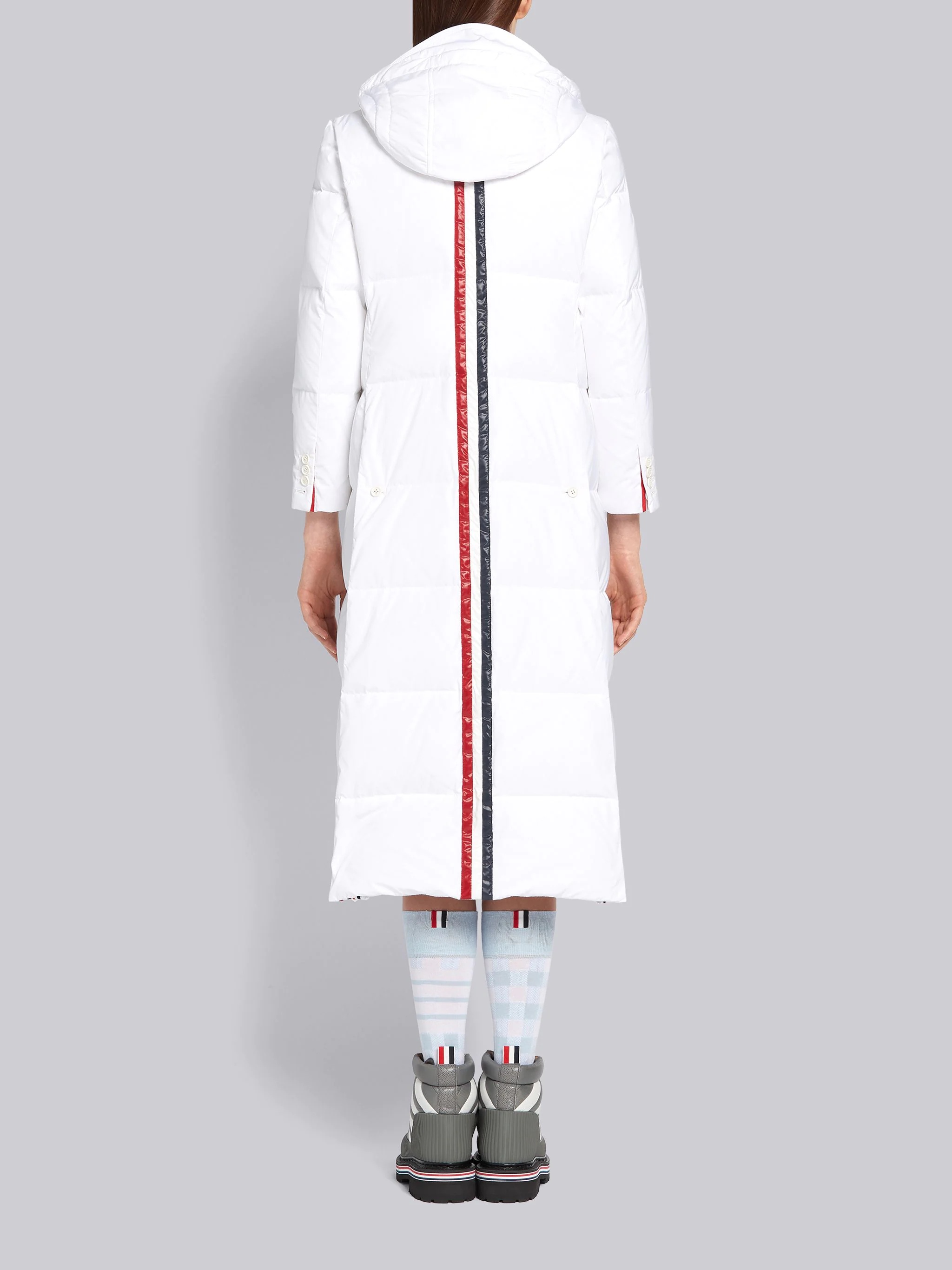 White Down Filled Poly Twill Center Back Stripe Wide Lapel Removable Hood Overcoat - 2