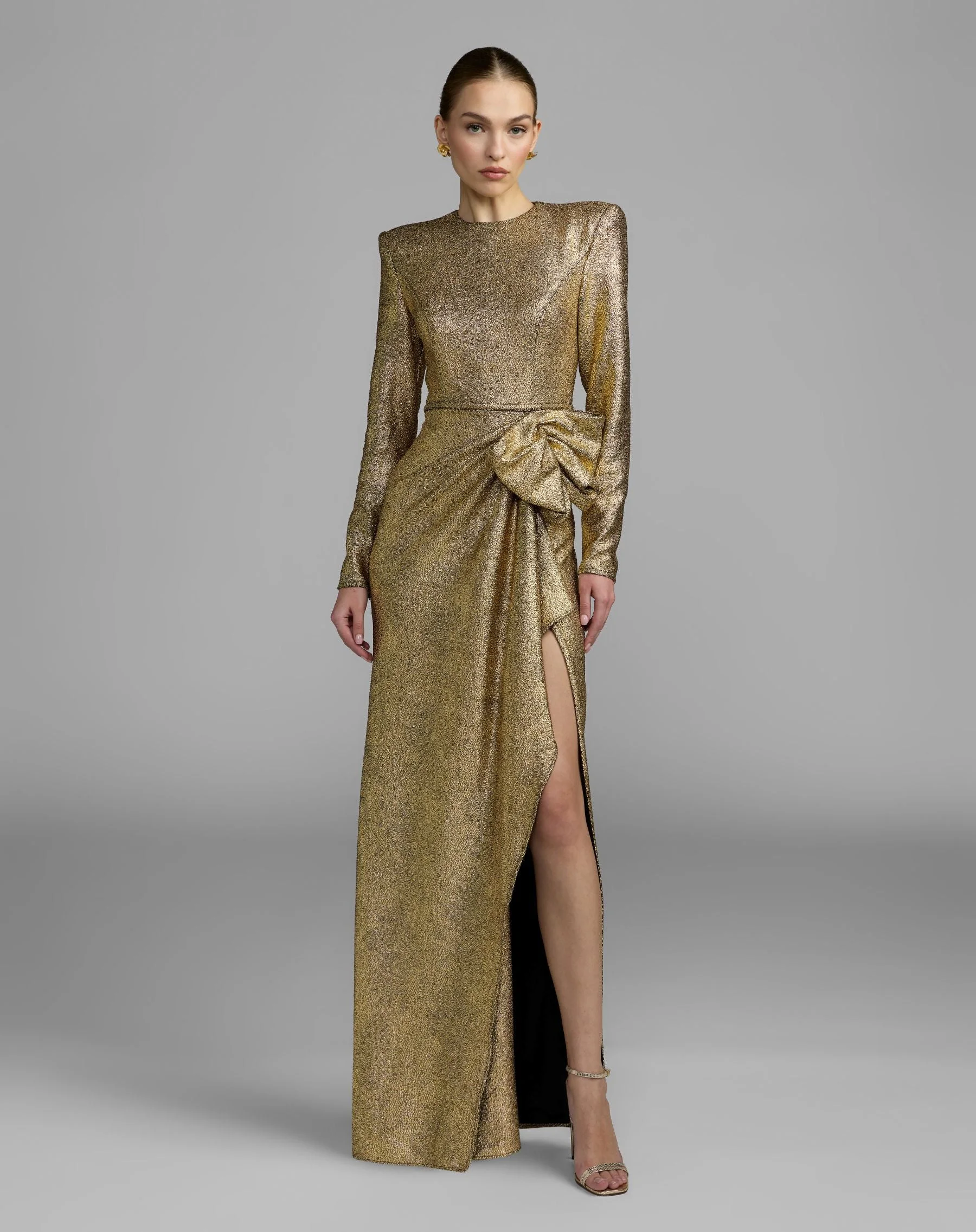 Gold Metallic Long Sleeve Evening Gown with Sculpted Bow - 1