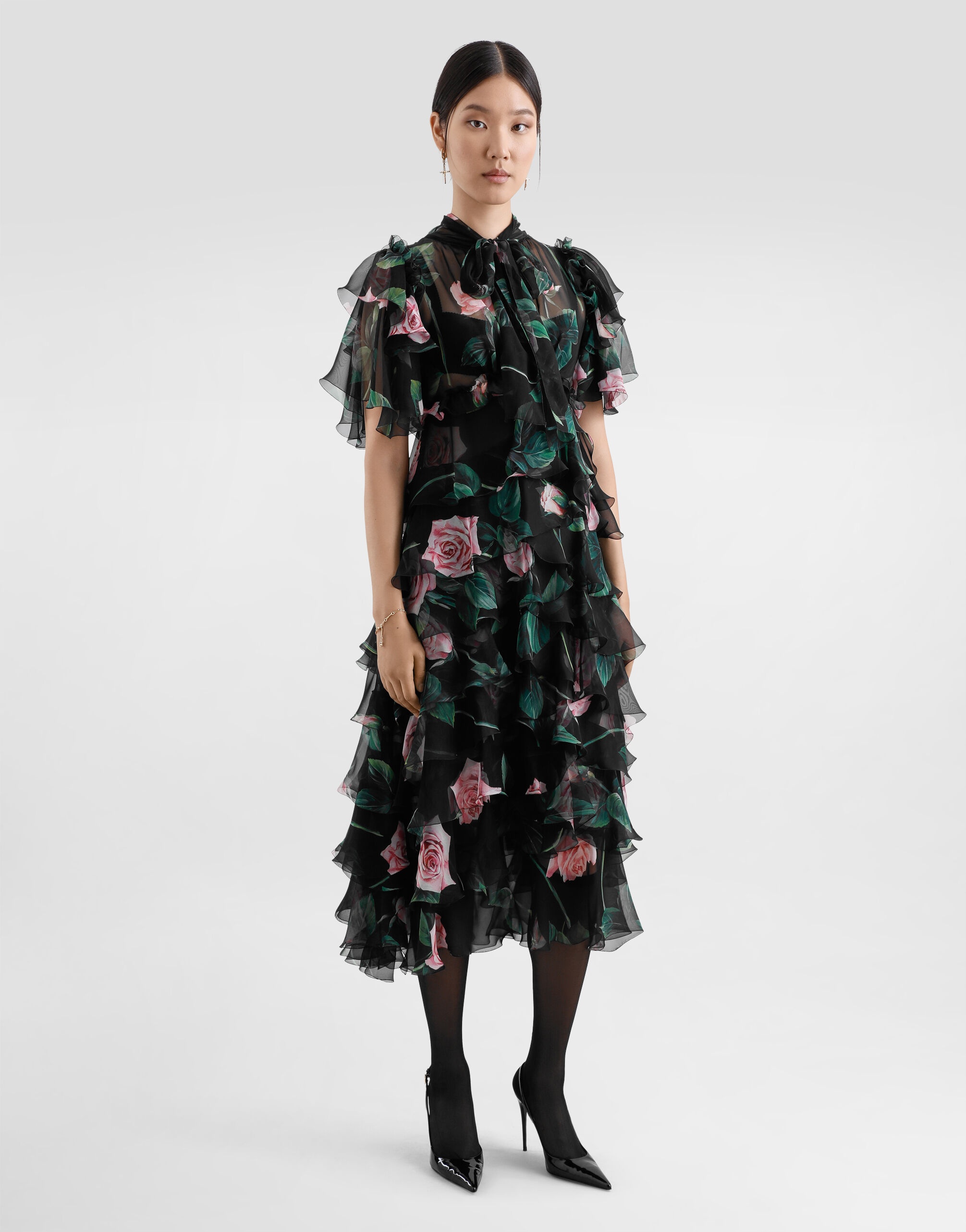 Rose-print chiffon calf-length dress with ruffles and flounces - 2