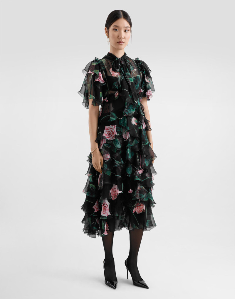Dolce & Gabbana Rose-print chiffon calf-length dress with ruffles and flounces outlook